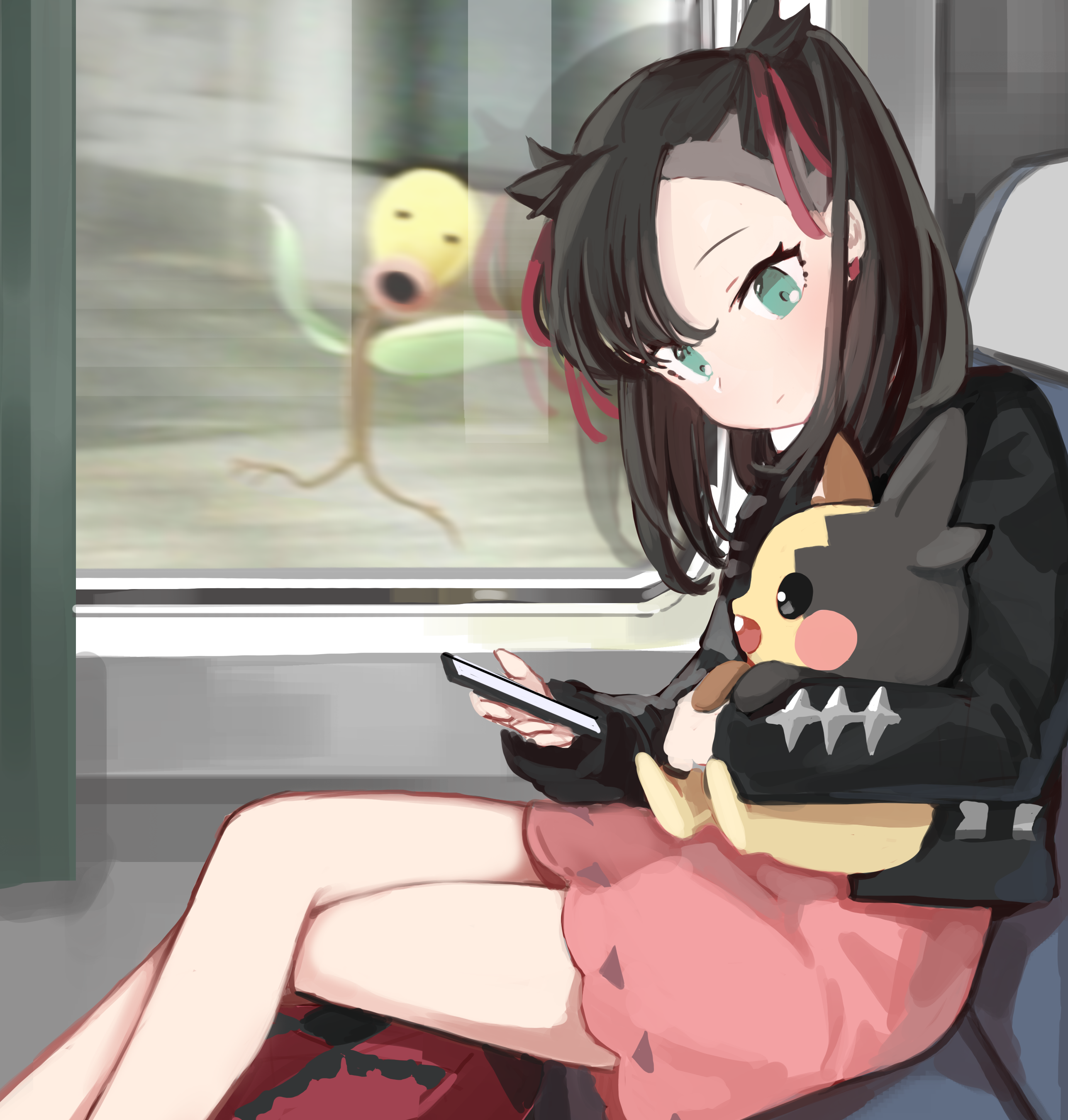 Marnie with Morpeko from Pokemon on a train HD Phone Wallpaper