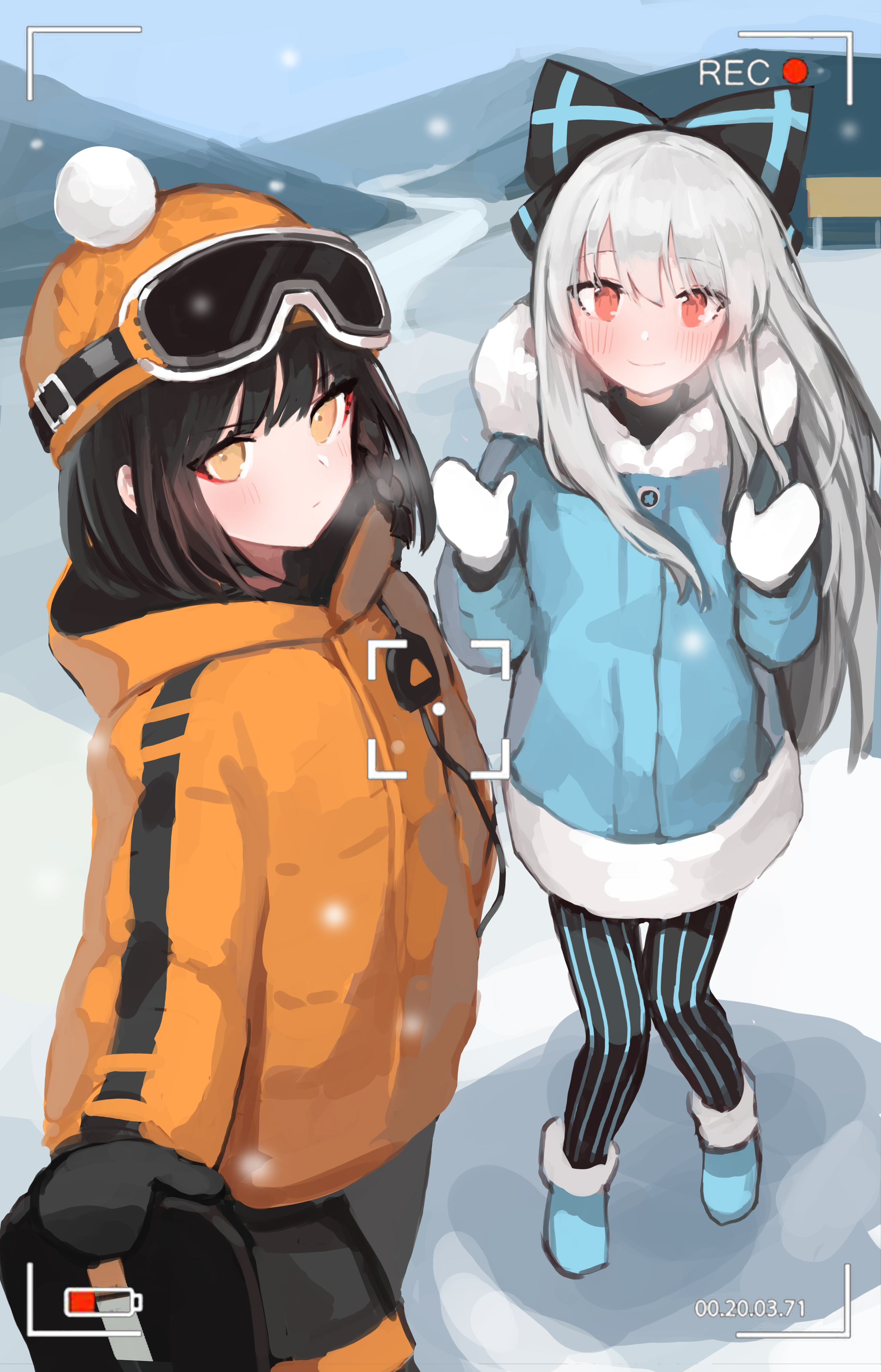 Two anime girls in winter clothing in a snowy landscape HD Phone Wallpaper