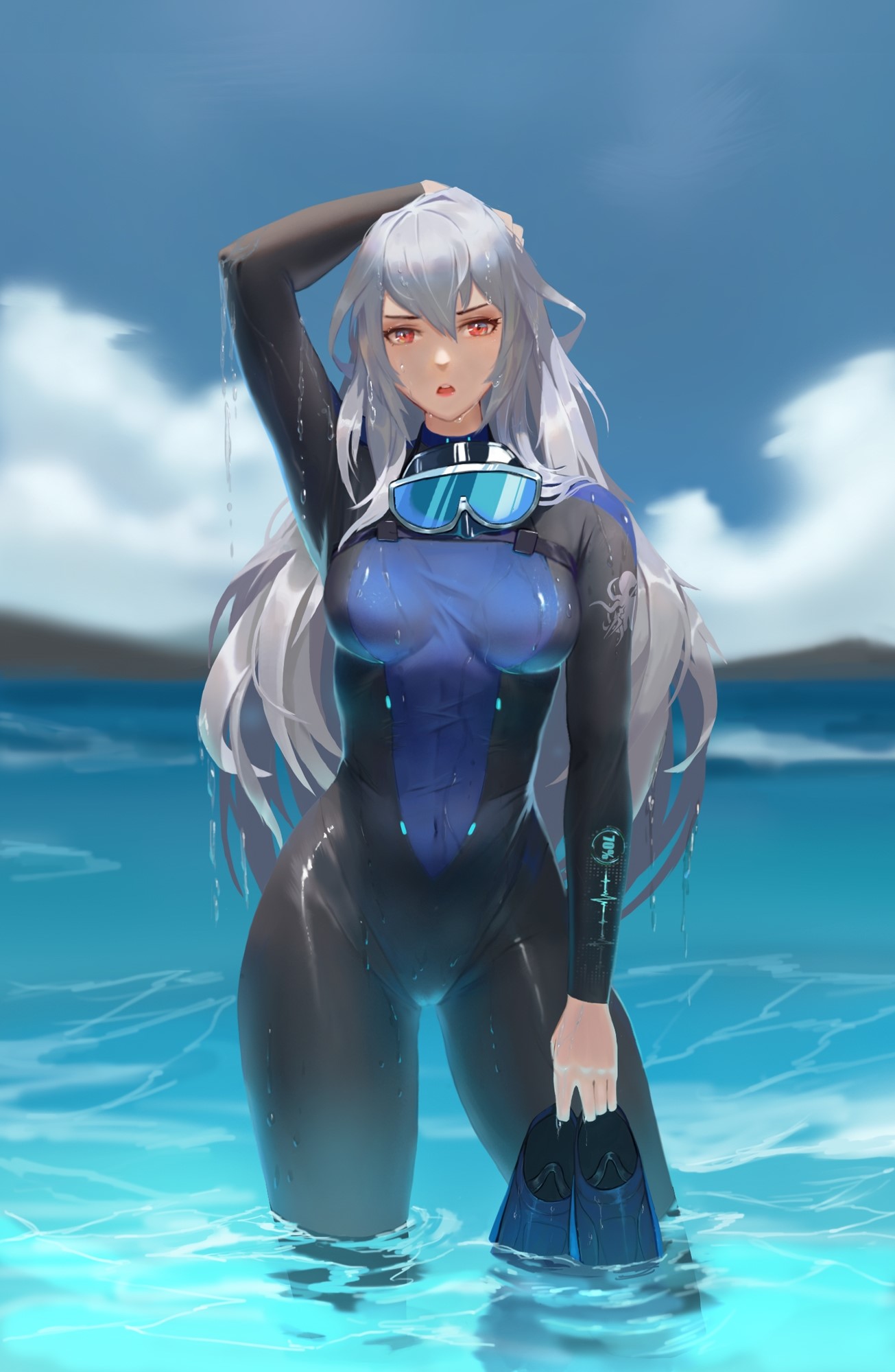 Anime girl in diving suit with goggles and flippers HD Phone Wallpaper