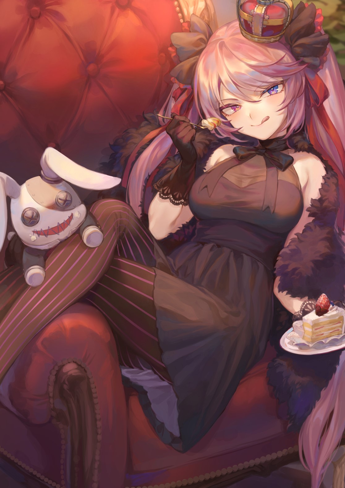 Anime girl with pink hair eating cake HD Phone Wallpaper