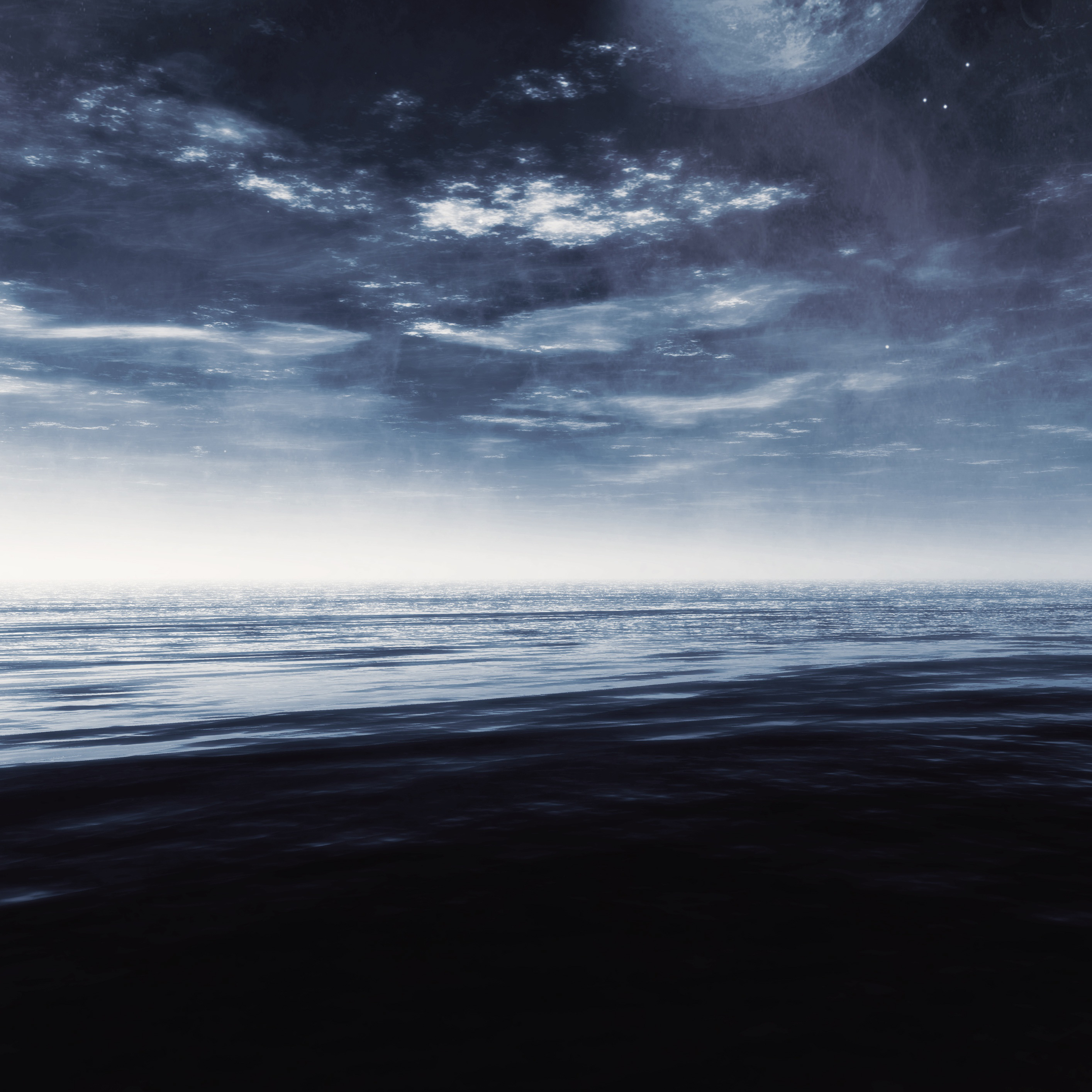 Ocean horizon at dusk with moon and clouds HD Wallpaper