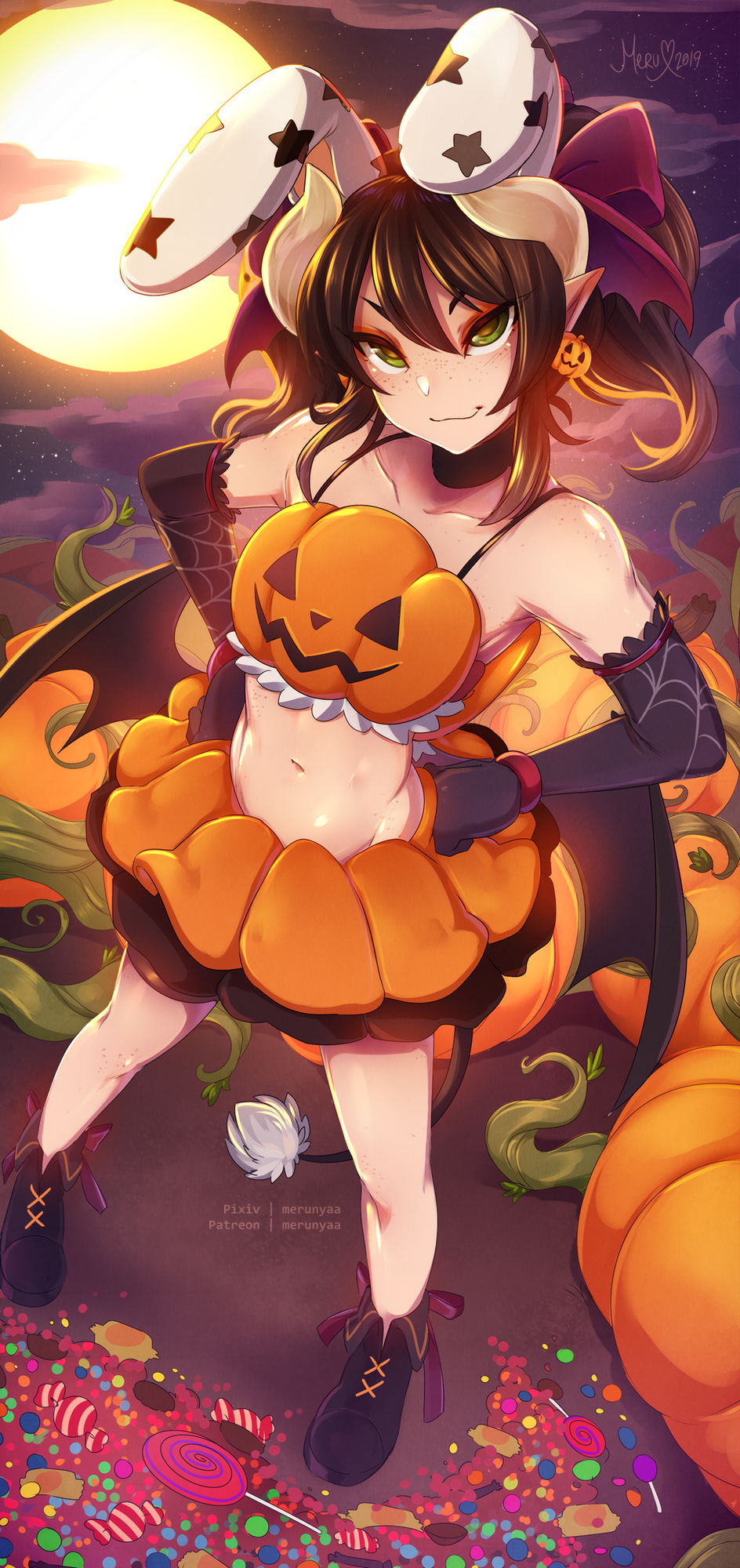 Anime girl in Halloween costume with pumpkins and candy HD Phone Wallpaper