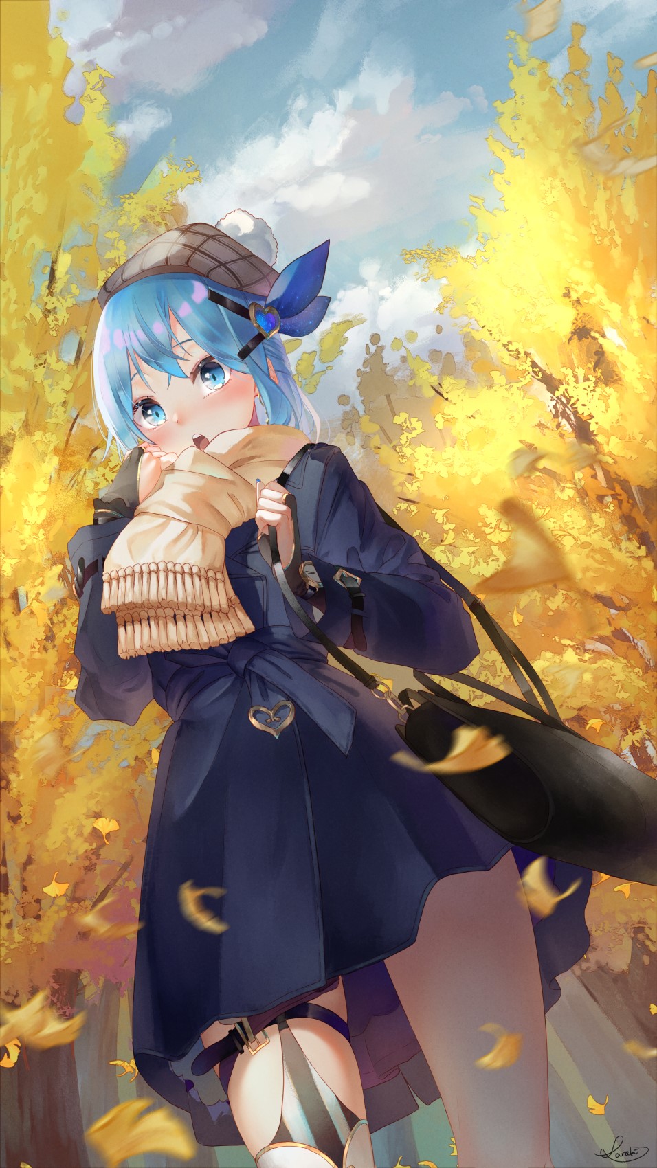 Anime girl with blue hair in autumn park HD Phone Wallpaper