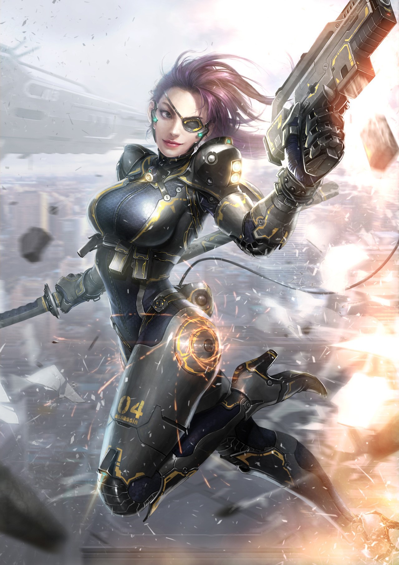 Woman in cyberpunk armor with gun and sword HD Phone Wallpaper