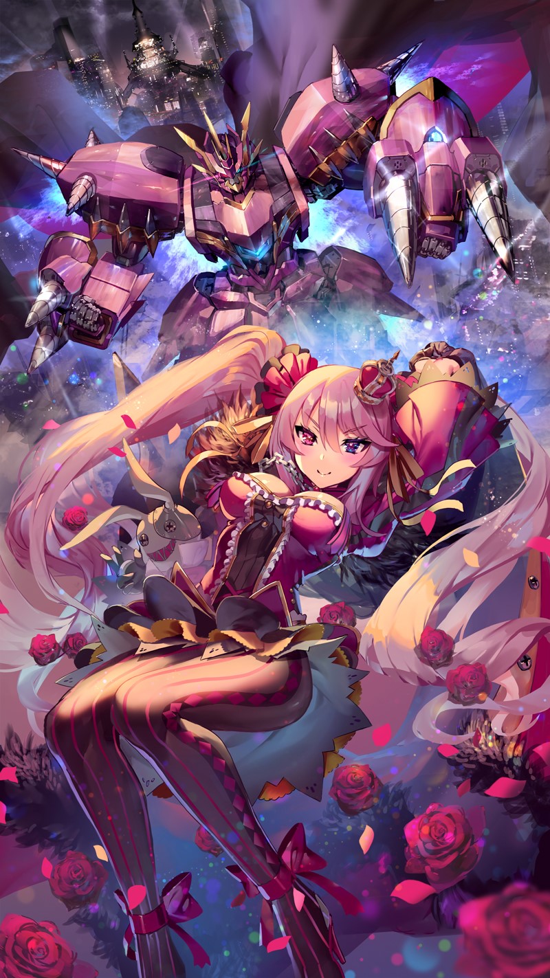 Anime girl with a robot and roses HD Phone Wallpaper
