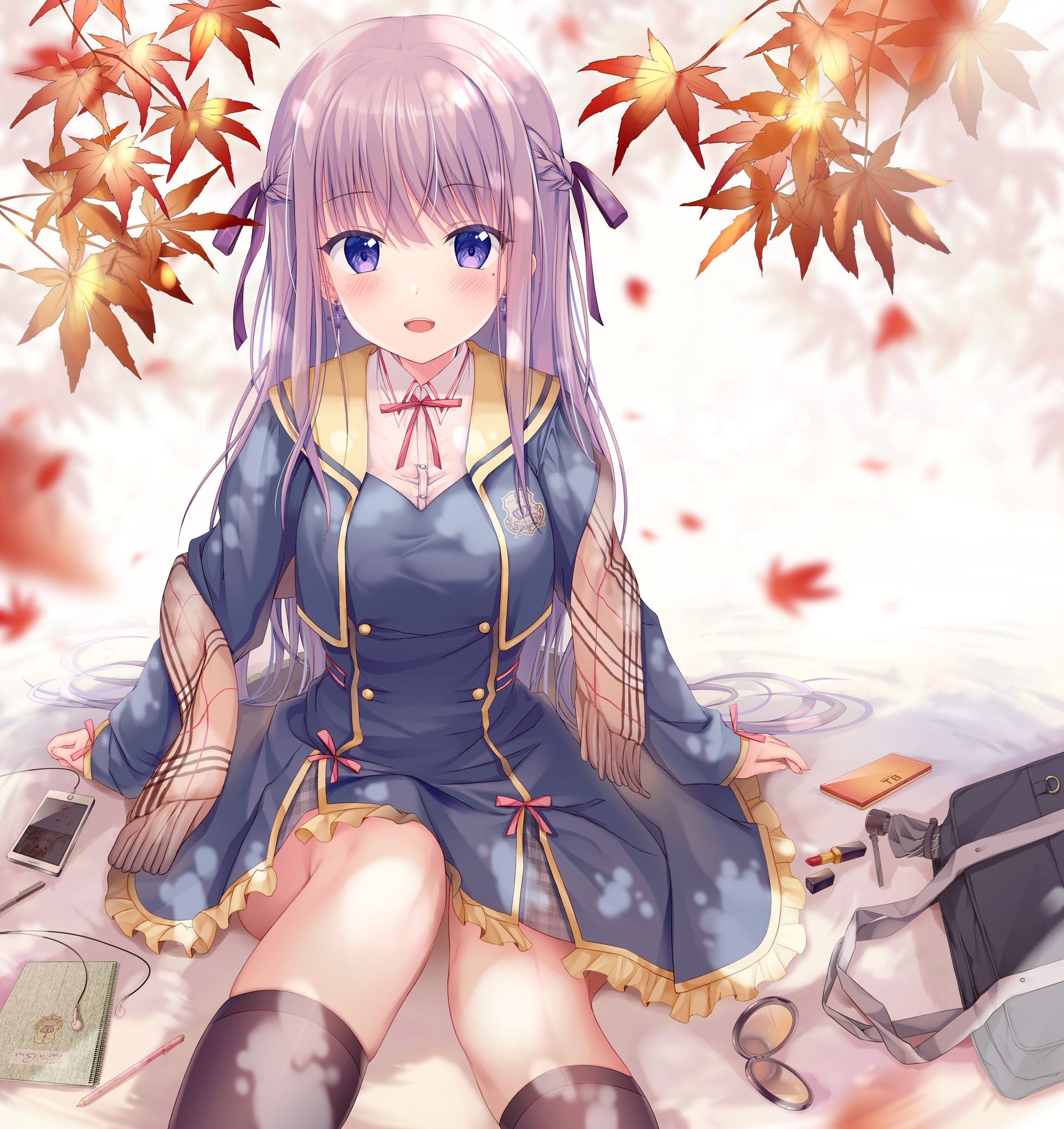 Anime girl with purple hair in a school uniform HD Phone Wallpaper