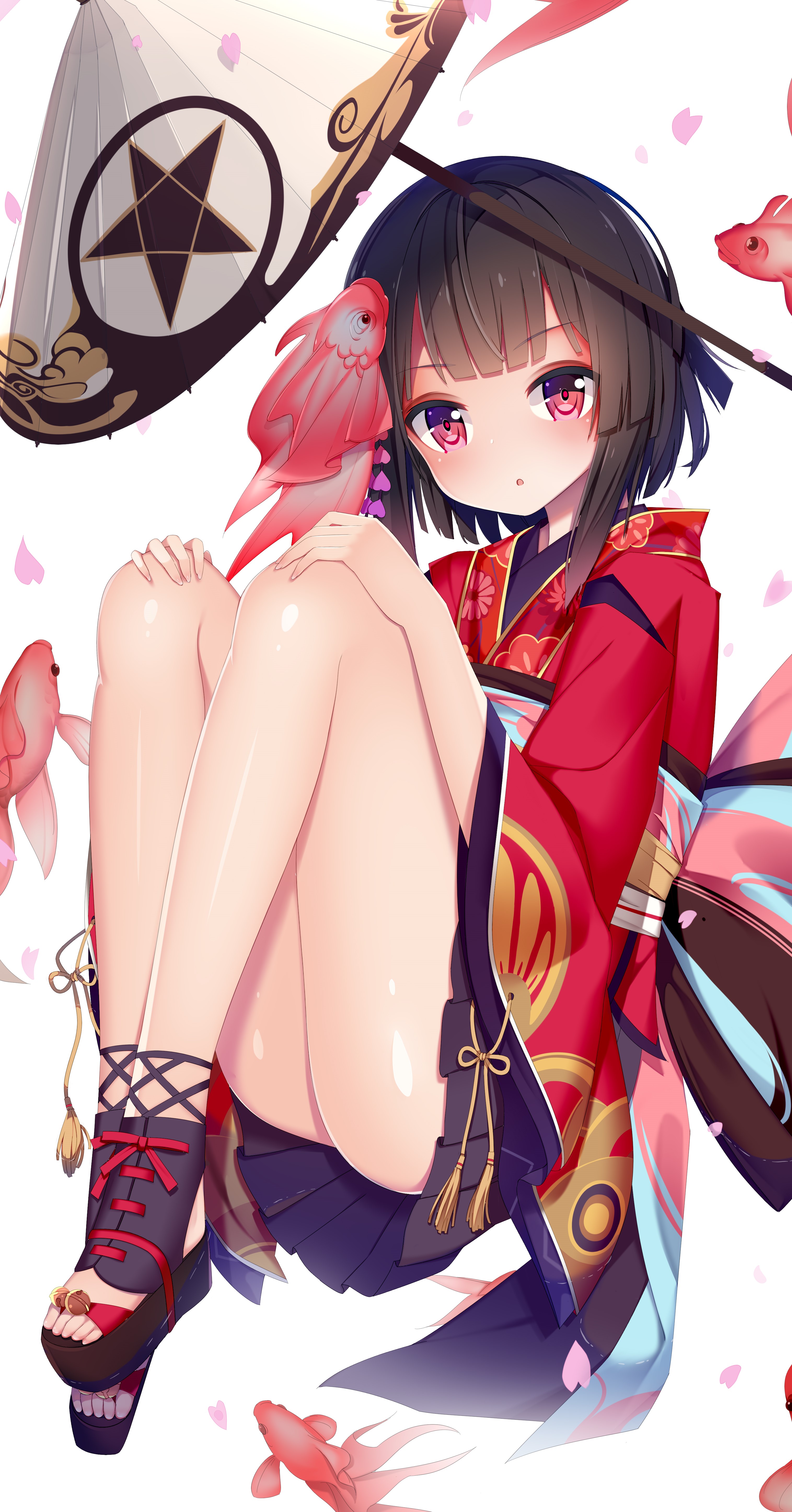 Anime girl in kimono with goldfish and umbrella HD Phone Wallpaper
