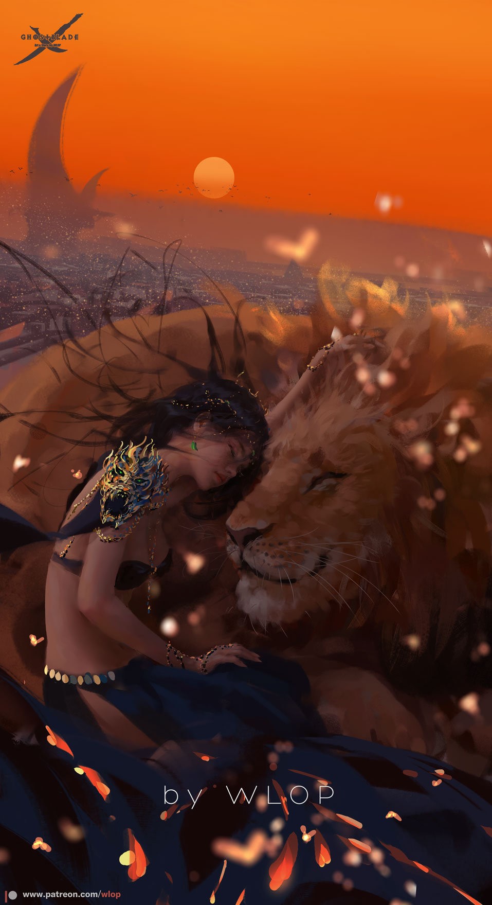 Woman and lion at sunset by WLOP HD Phone Wallpaper
