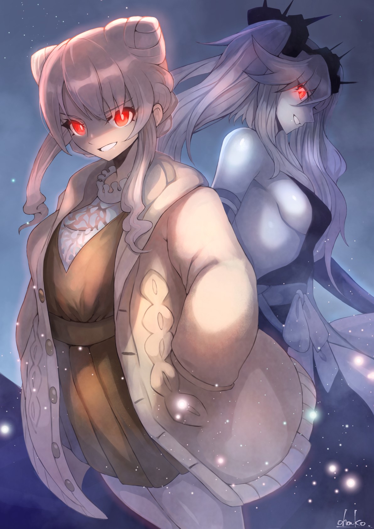 Two anime girls with red eyes in a dark setting HD Phone Wallpaper