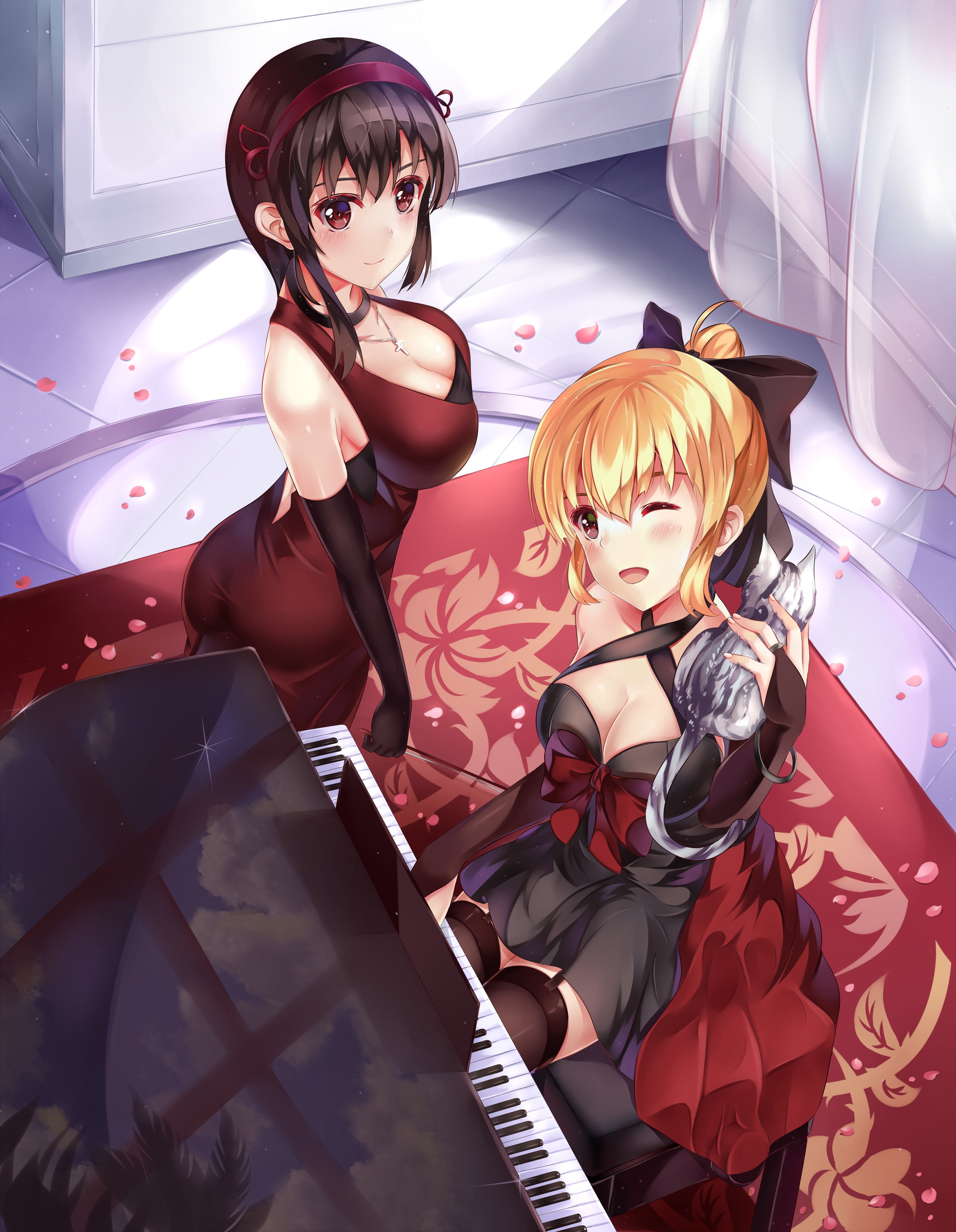 Two anime girls in dresses by a piano HD Phone Wallpaper