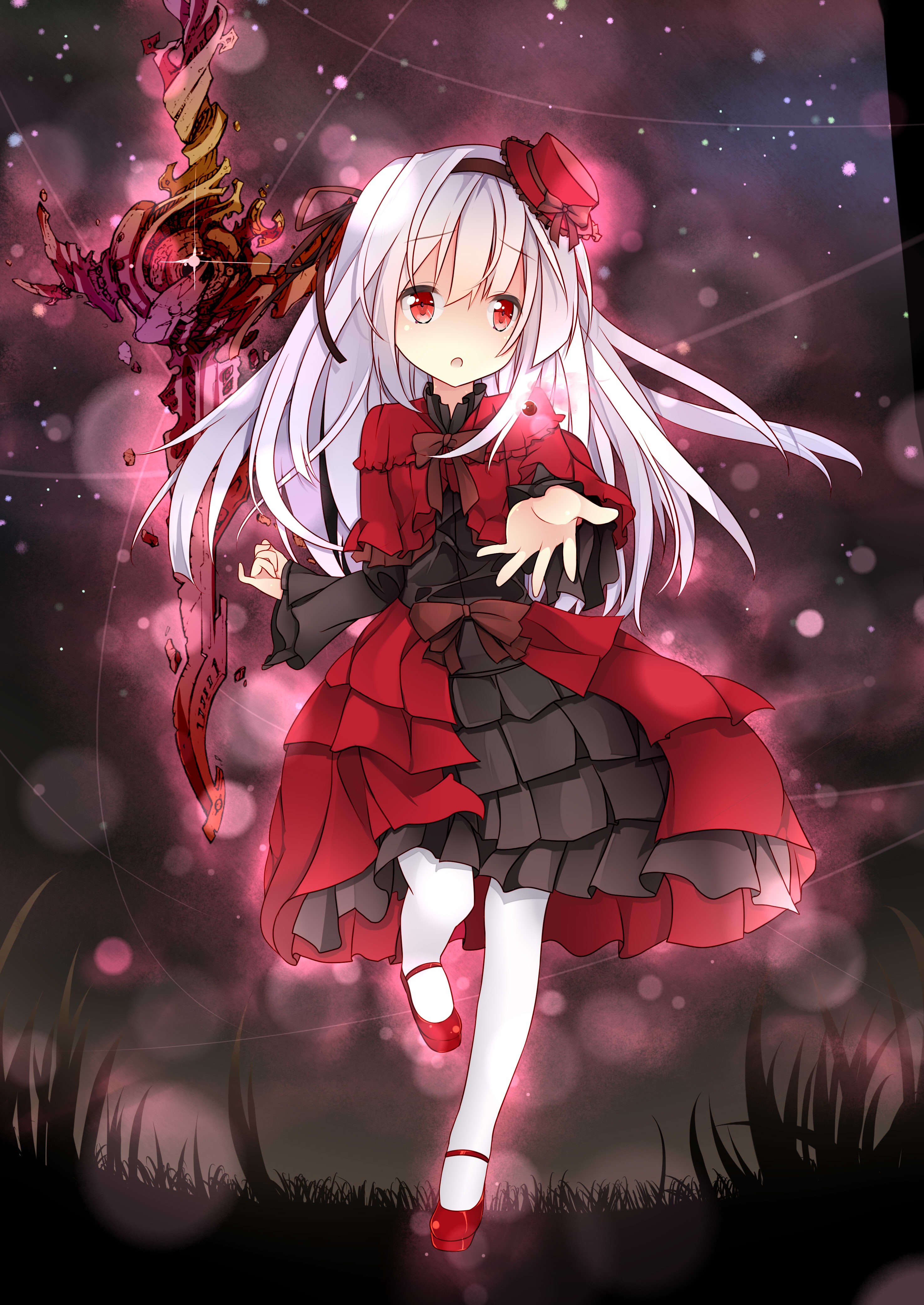 Anime girl with white hair in a red dress holding a weapon HD Phone Wallpaper