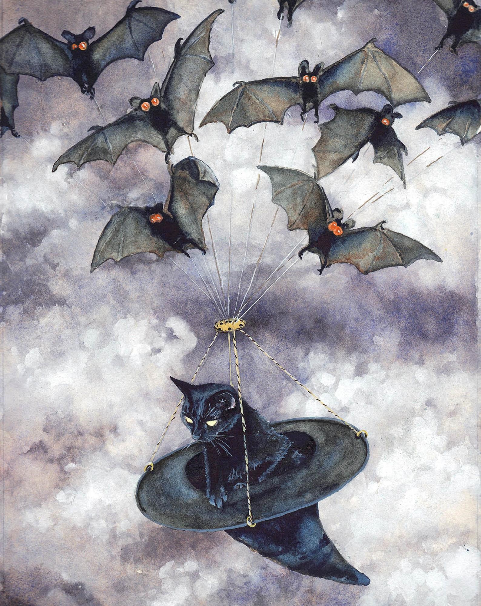 Black cat in witch hat carried by bats HD Phone Wallpaper