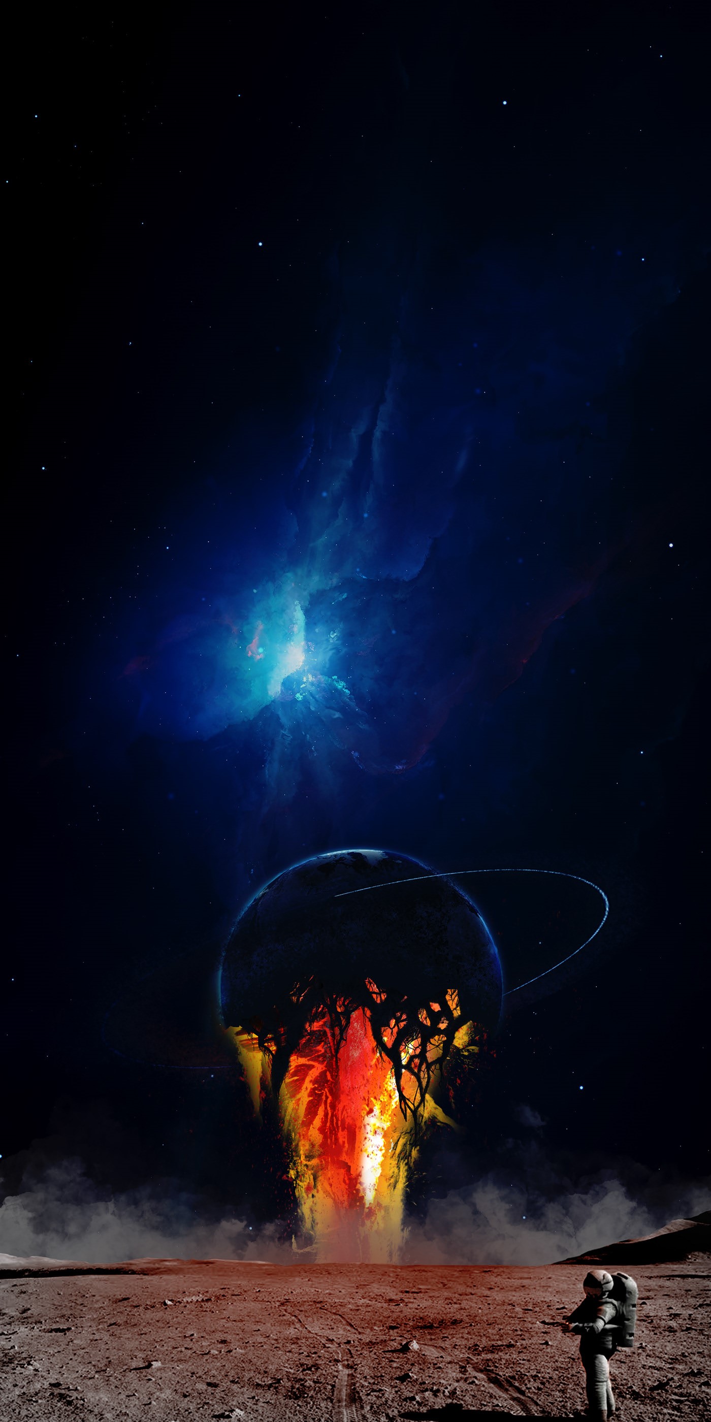 Astronaut on a planet with a burning planet in the background HD Phone Wallpaper