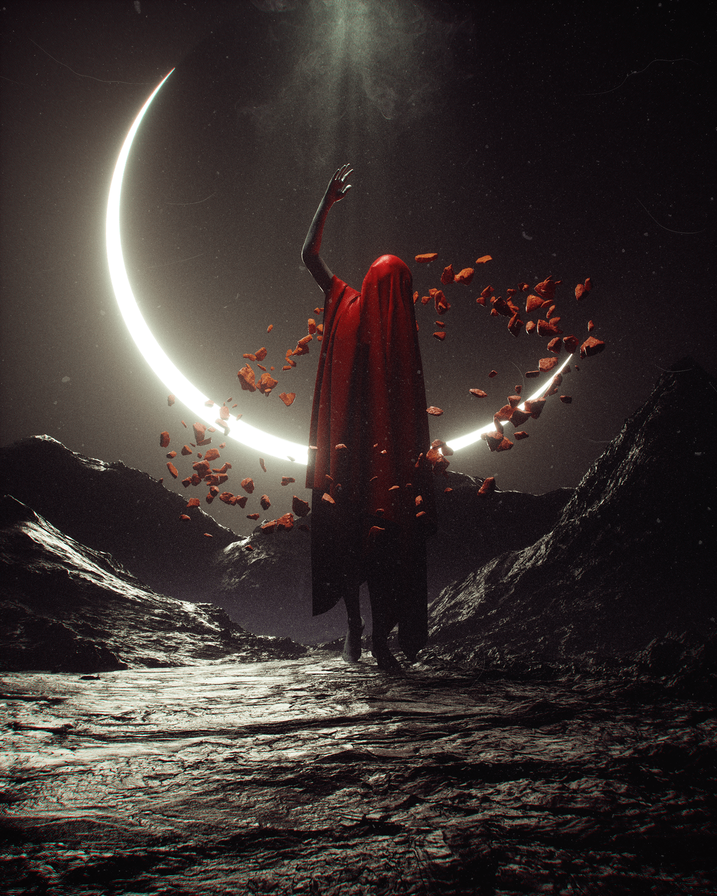 Figure in red cloak under crescent moon HD Phone Wallpaper