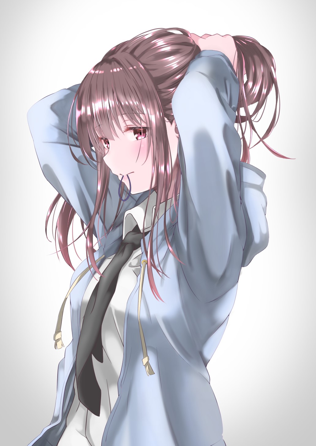 Anime girl tying her hair in a hoodie and tie HD Phone Wallpaper