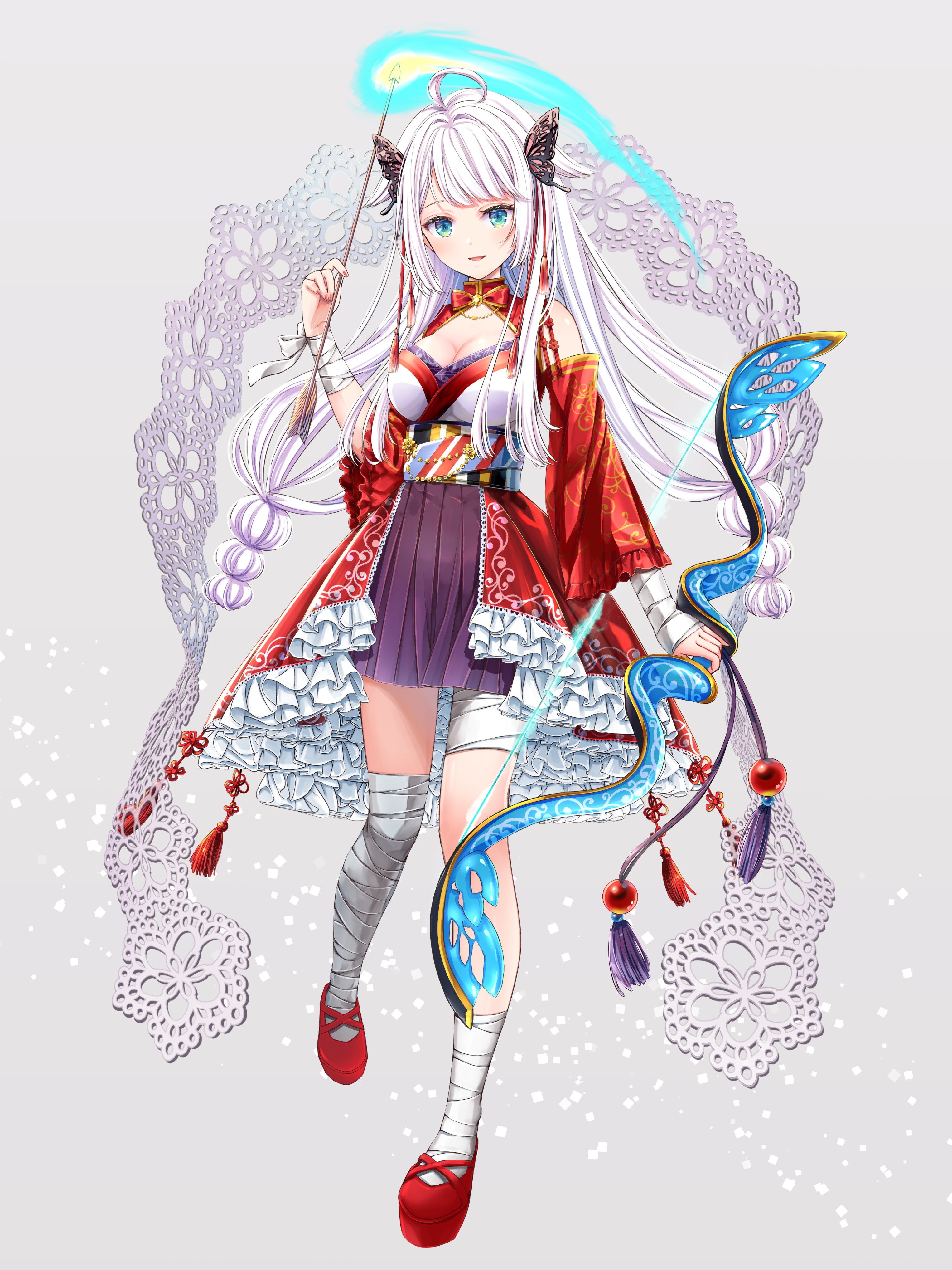 Anime girl with white hair and red outfit holding a bow HD Phone Wallpaper