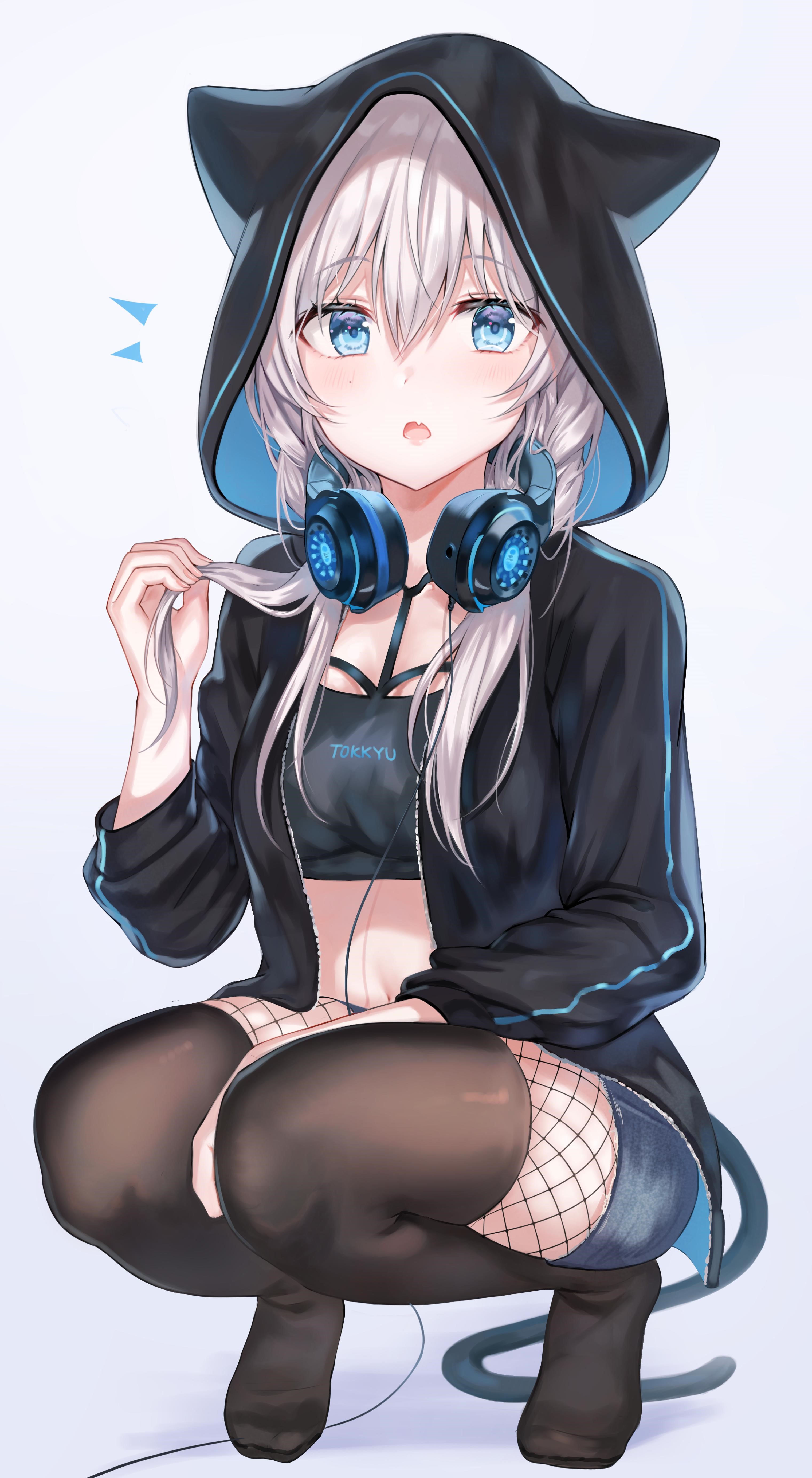 Anime girl with cat ears and headphones HD Phone Wallpaper