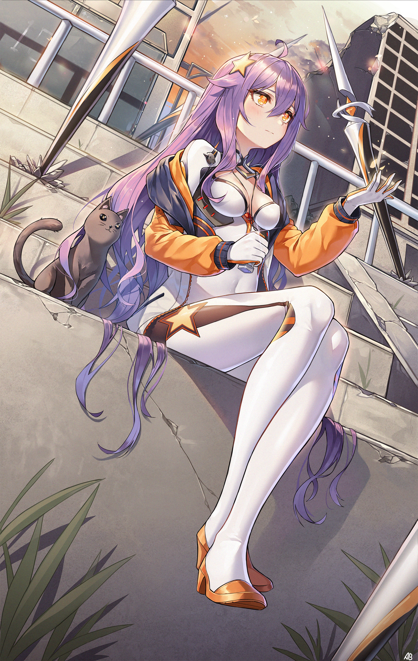 Anime girl with purple hair and cat in ruined city HD Phone Wallpaper