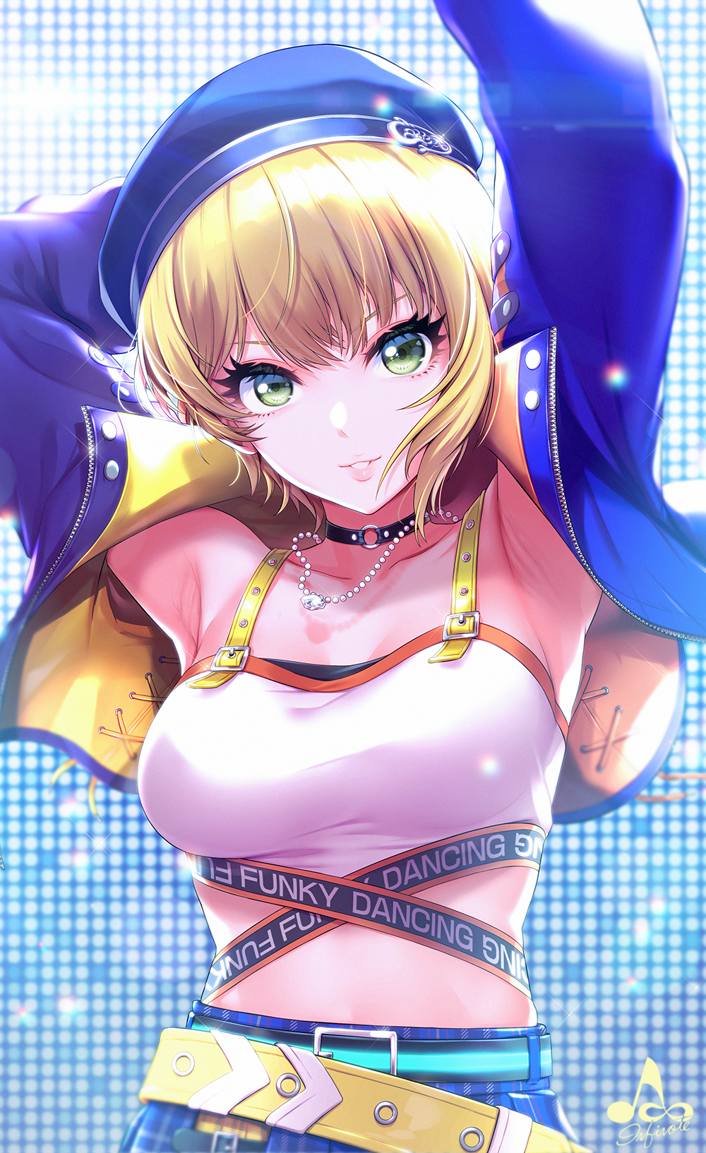 Anime girl with blonde hair and green eyes wearing a blue beret and jacket HD Phone Wallpaper