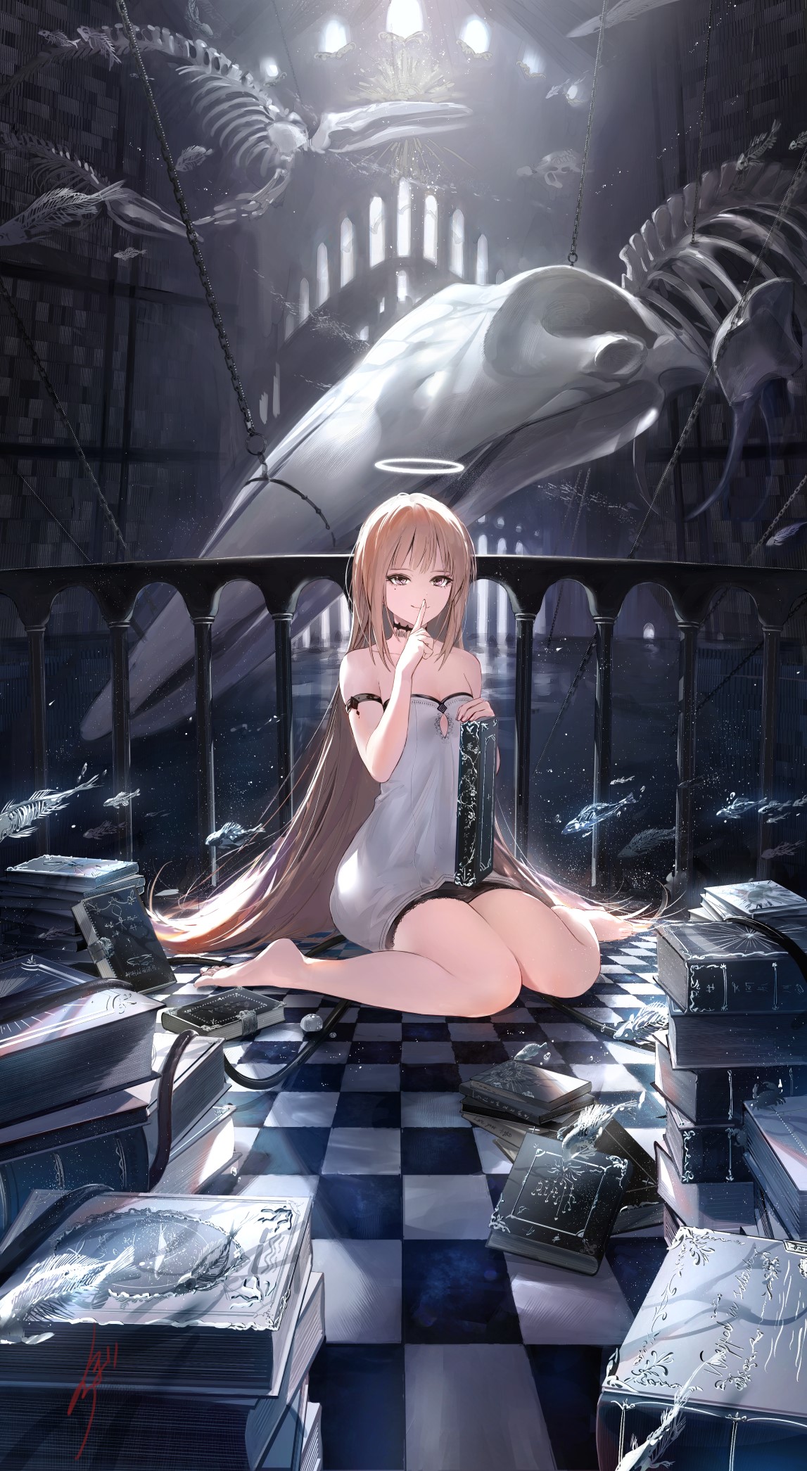 Anime girl with halo and books in a room with whale skeletons HD Phone Wallpaper
