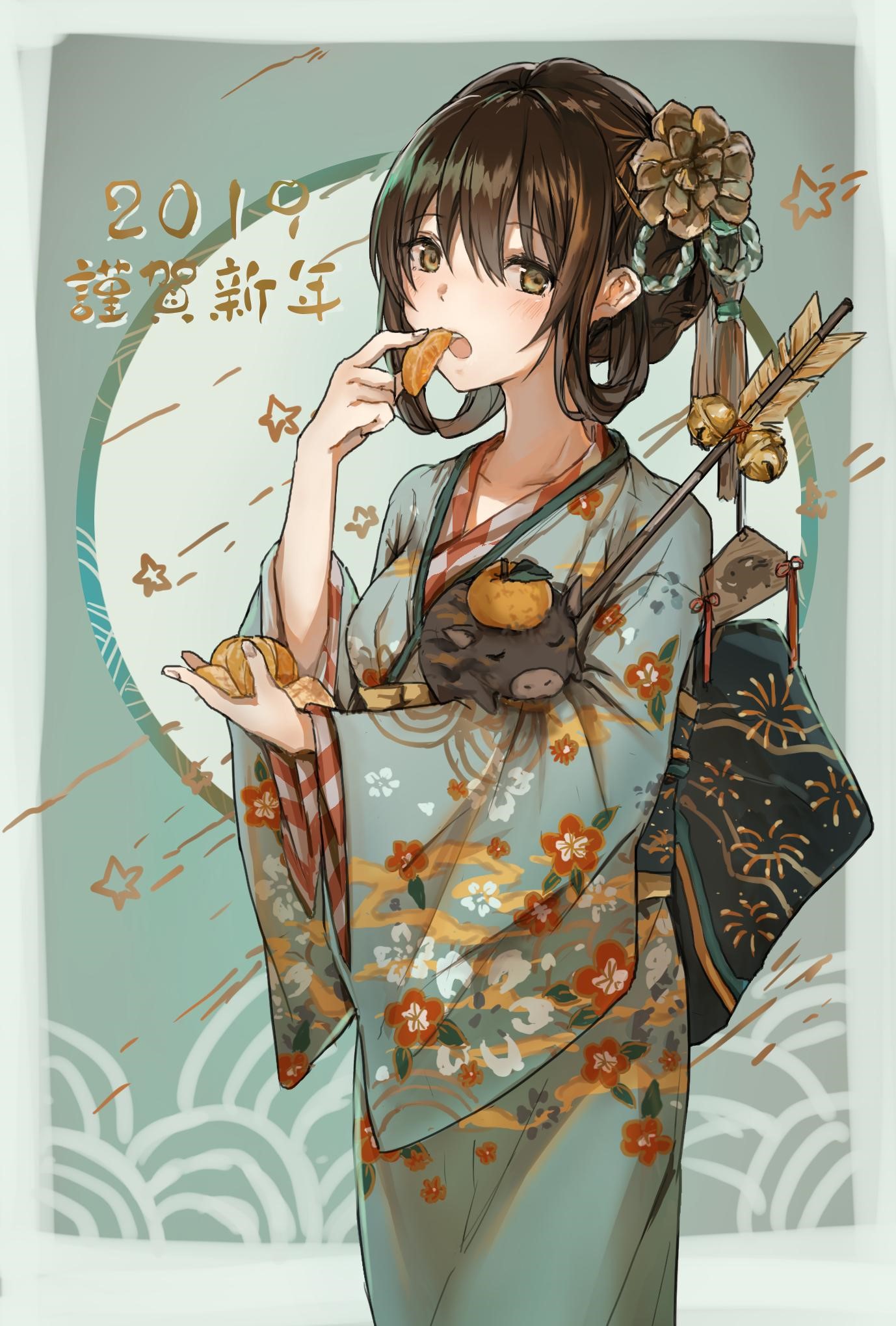 Anime girl in kimono eating fruit with boar charm and arrows HD Phone Wallpaper