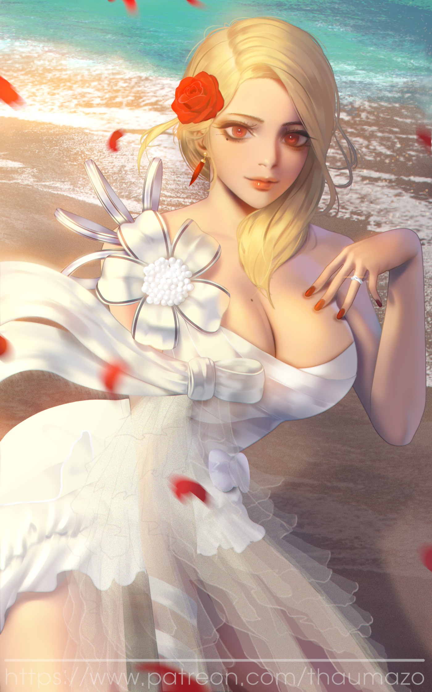 Woman in white dress on a beach with rose petals HD Phone Wallpaper
