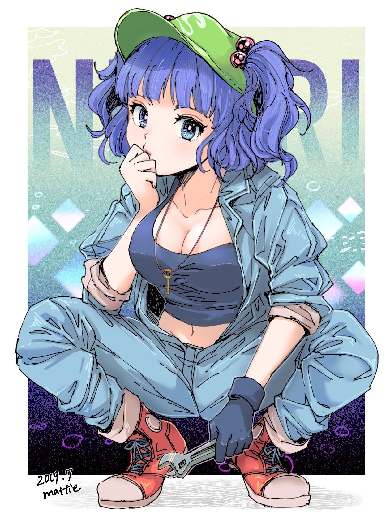 Anime girl in overalls with wrench HD Phone Wallpaper