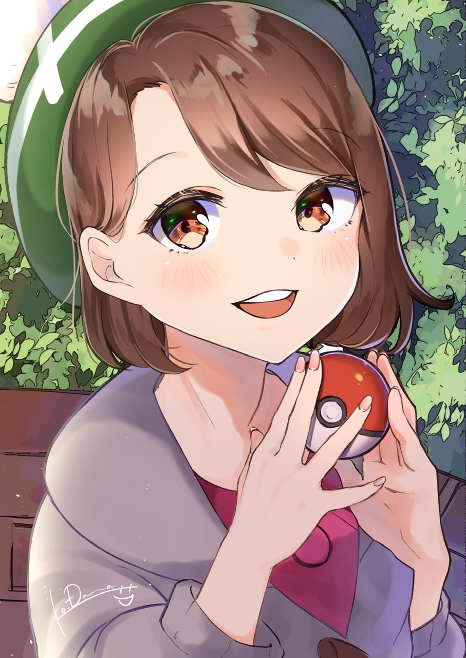 Gloria from Pokémon holding a Poké Ball HD Phone Wallpaper