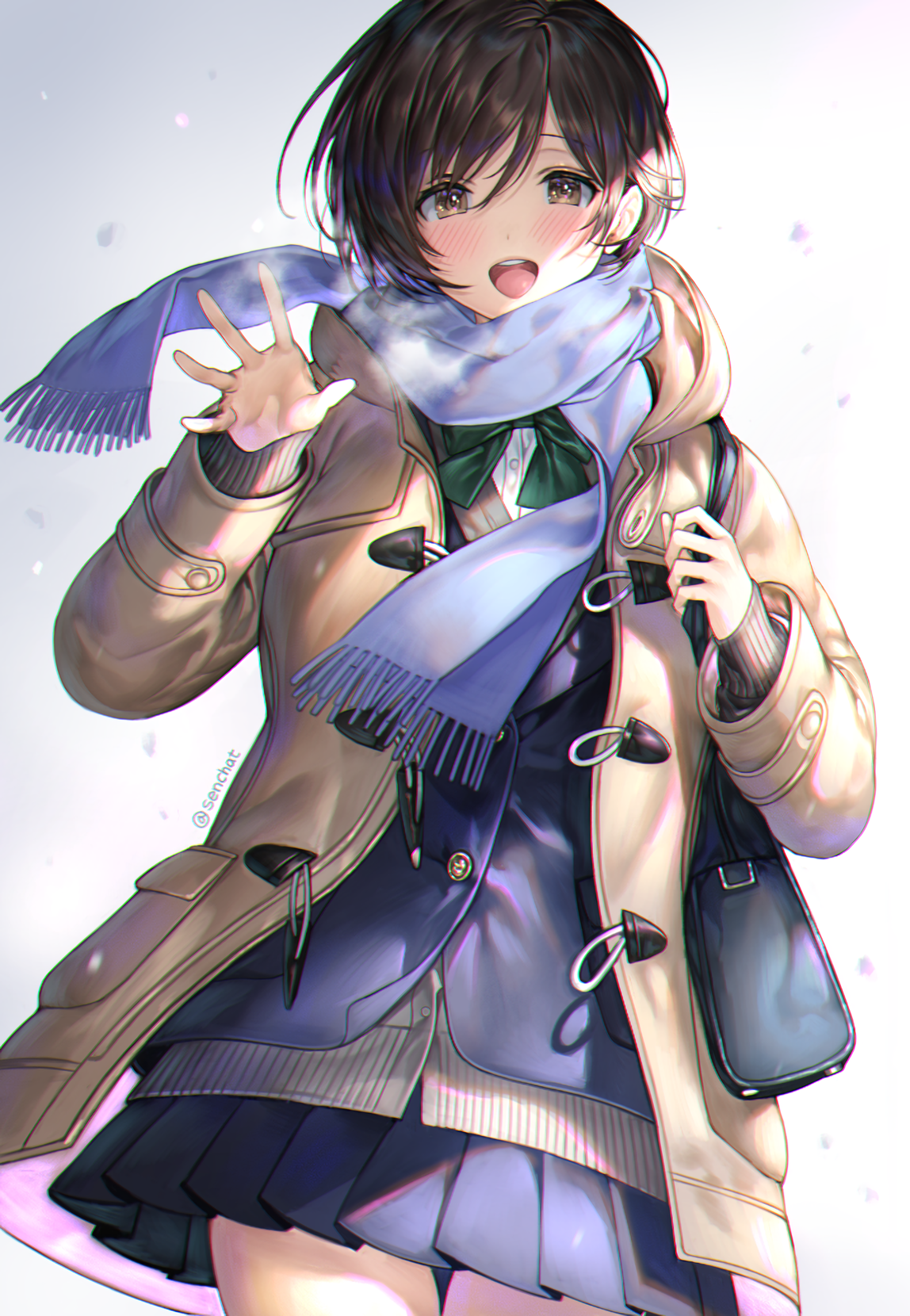 Anime girl in school uniform with scarf and coat HD Phone Wallpaper