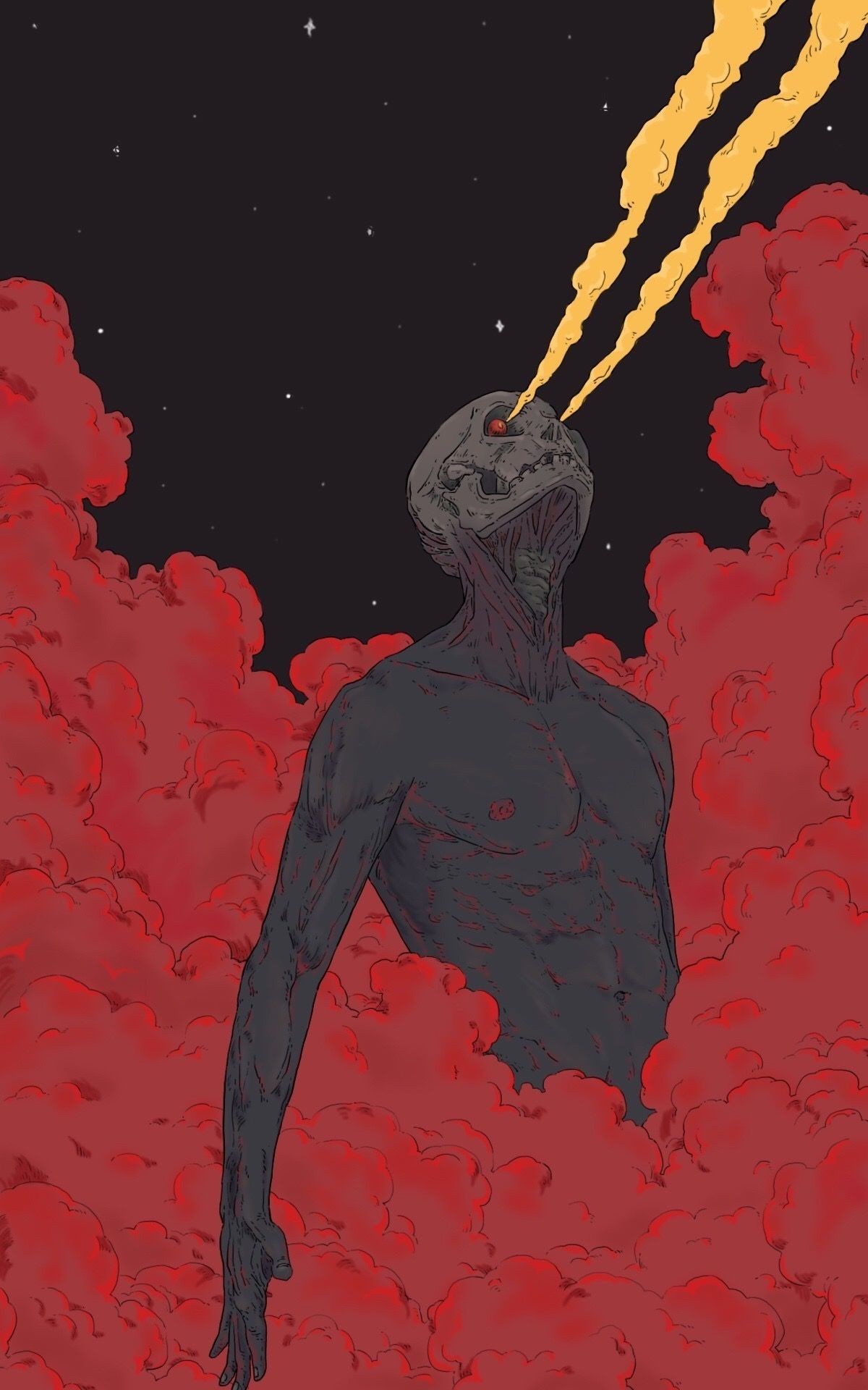 A creature with red smoke and yellow beams HD Phone Wallpaper
