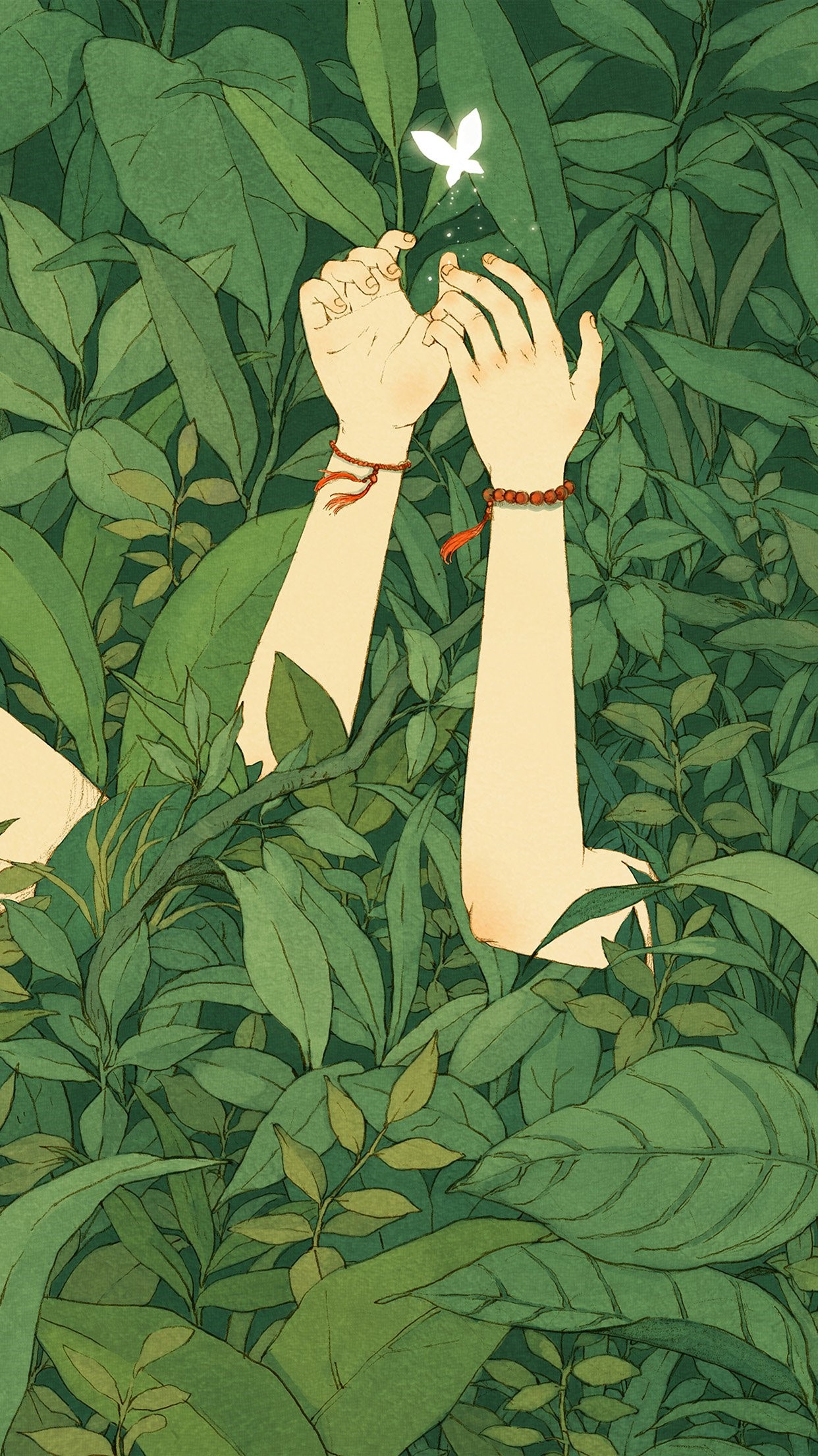 Hands reaching for a butterfly in a forest HD Phone Wallpaper