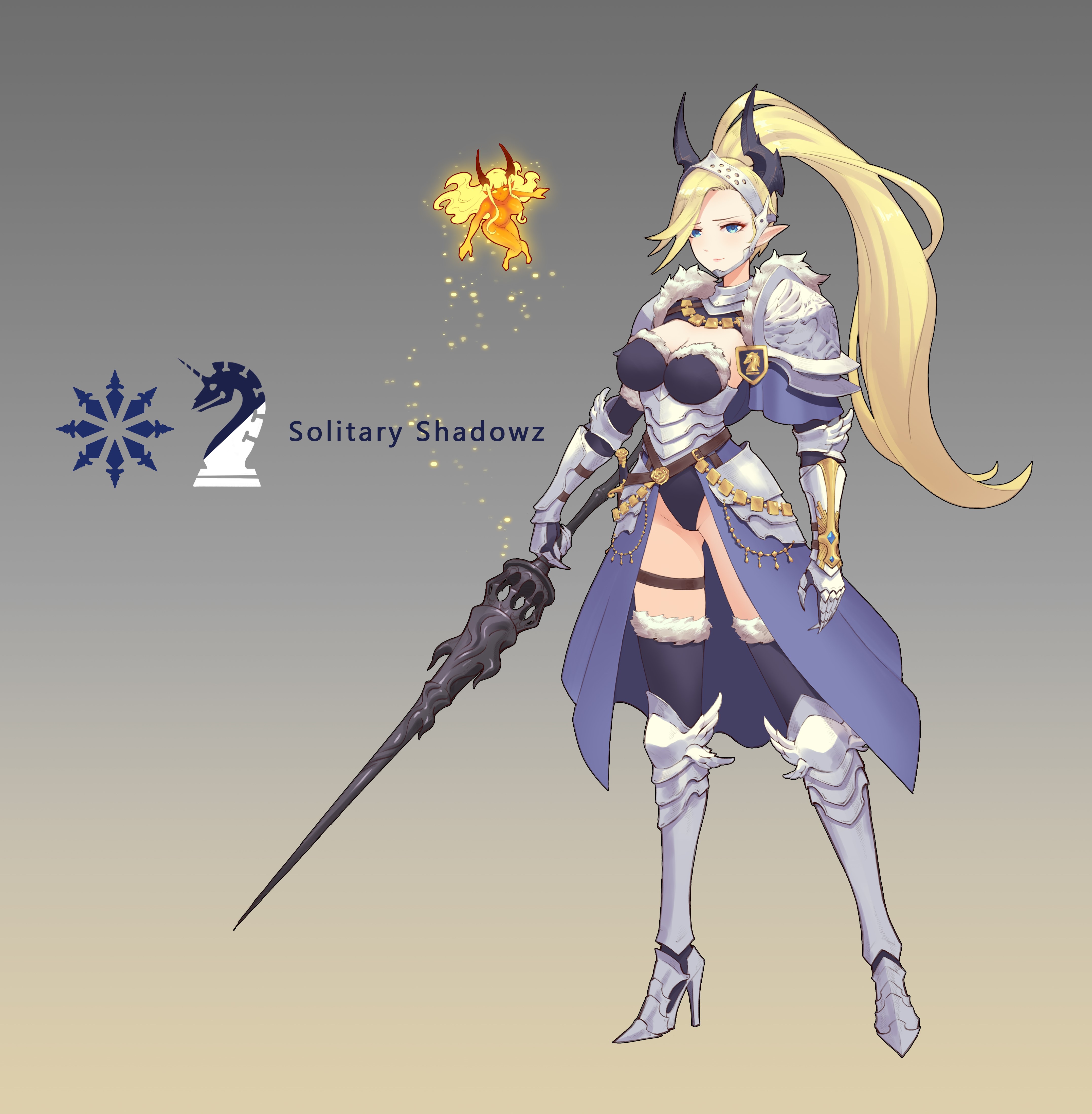 Female Knight with Horns and a Fiery Companion HD Phone Wallpaper