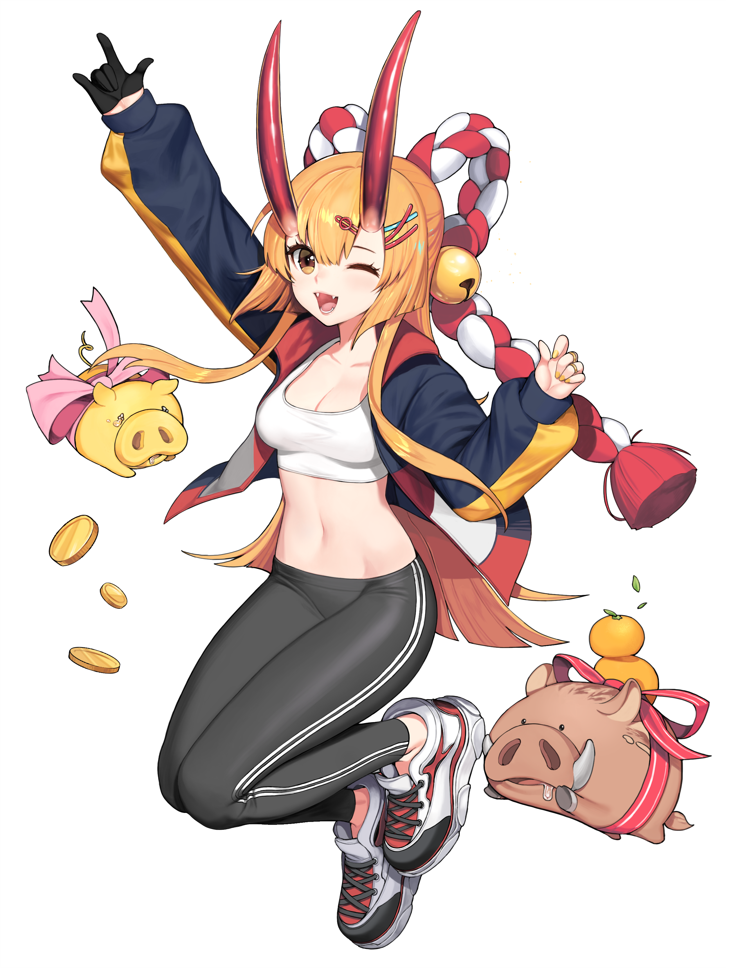 Anime girl with horns and pig plushies HD Phone Wallpaper