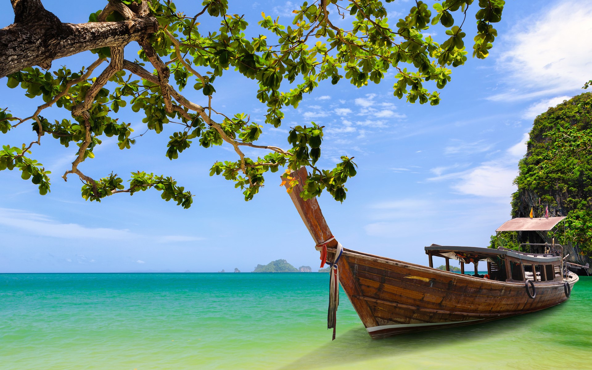 Wooden boat on a tropical beach with a tree branch HD Wallpaper