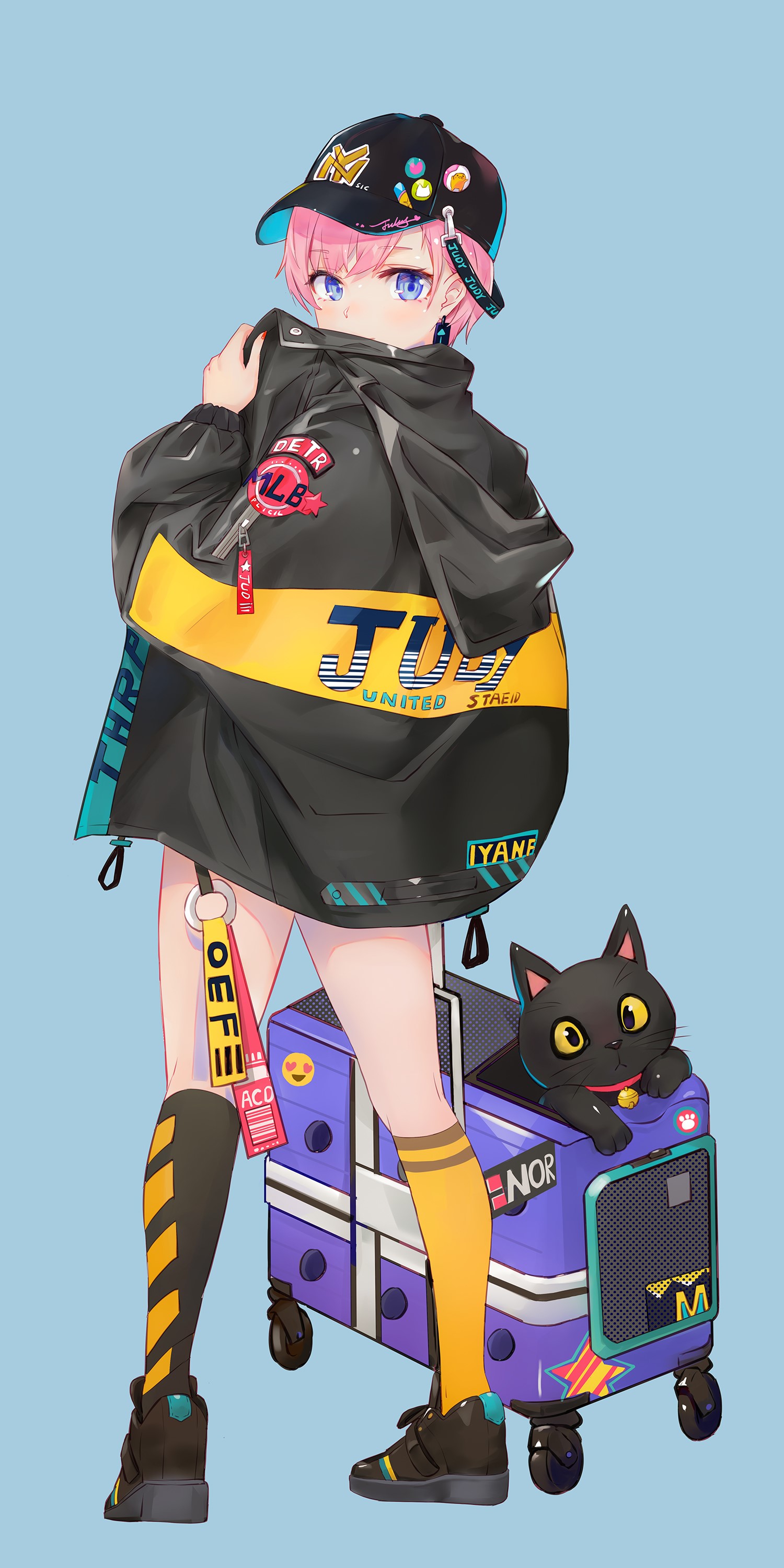 Anime girl with pink hair and black cat HD Phone Wallpaper