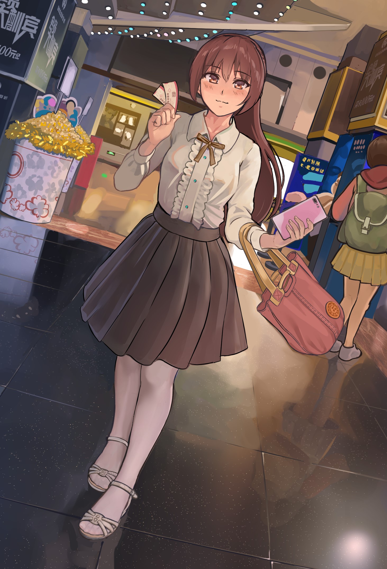 Anime girl holding tickets and phone HD Phone Wallpaper
