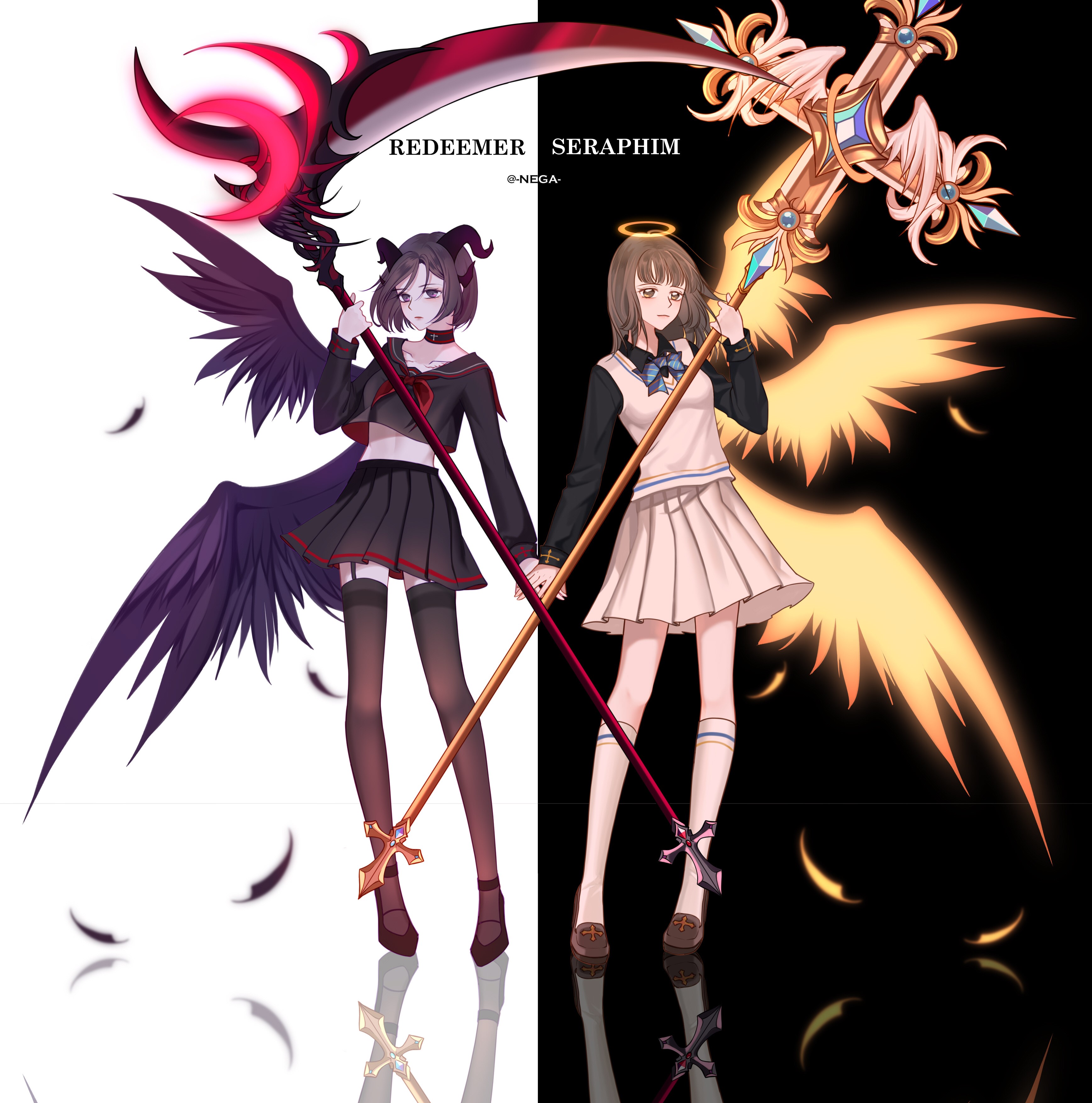 Anime girls with scythe and halo HD Phone Wallpaper