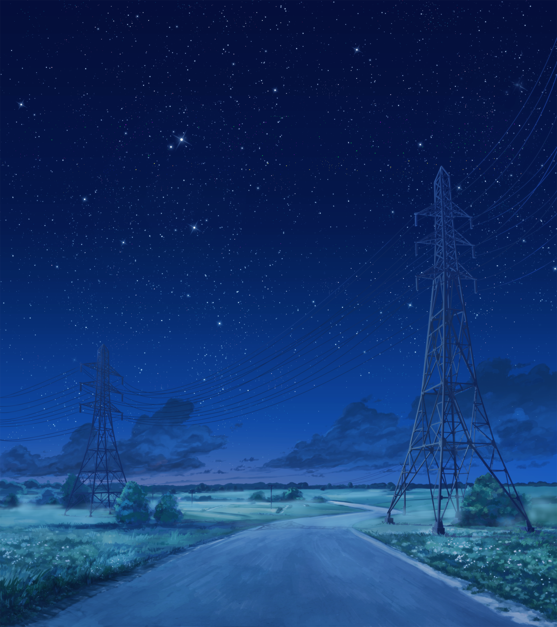Night road with power lines and stars HD Phone Wallpaper