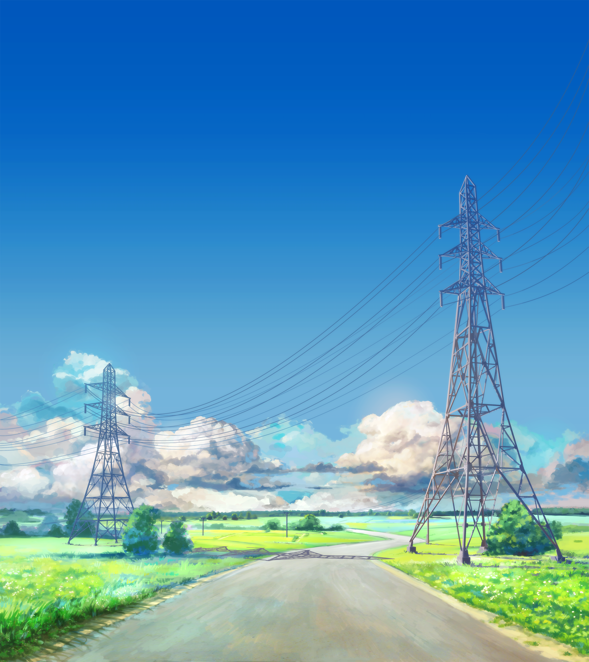 Road with power lines in a field under blue sky HD Phone Wallpaper