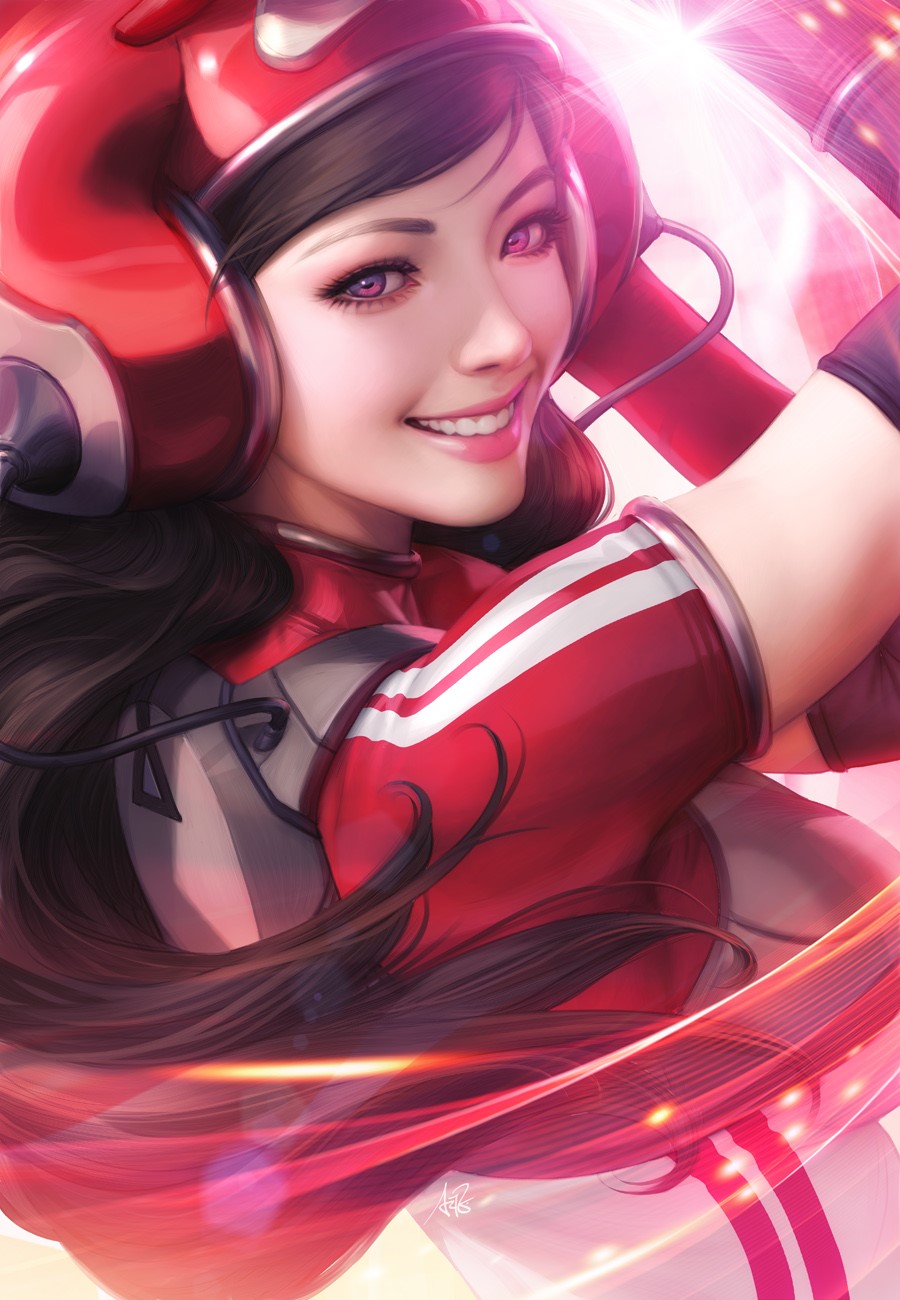 D.Va from Overwatch wearing a red racing suit and helmet HD Phone Wallpaper