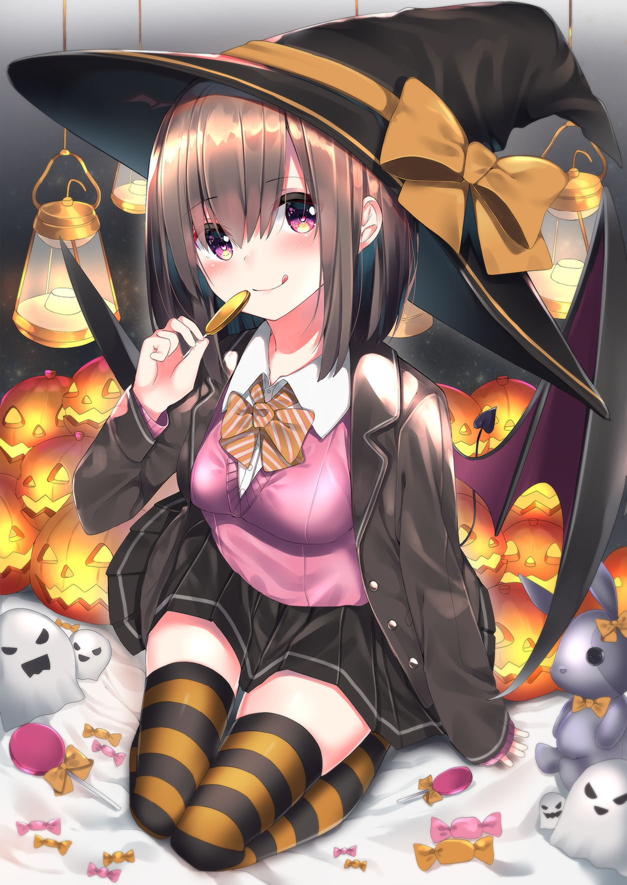 Anime girl in witch costume with Halloween decorations HD Phone Wallpaper