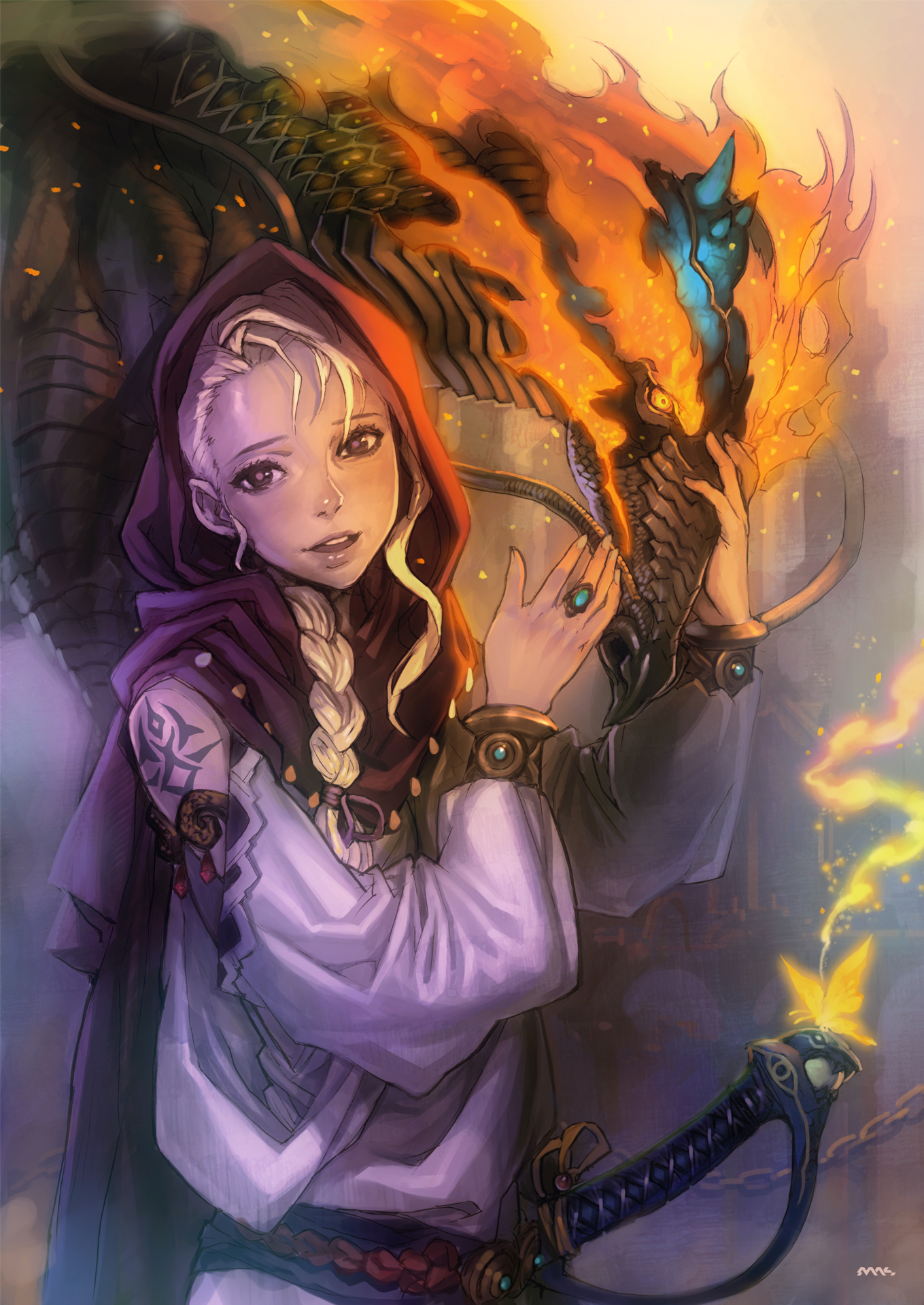 Anime girl with dragon and sword HD Phone Wallpaper