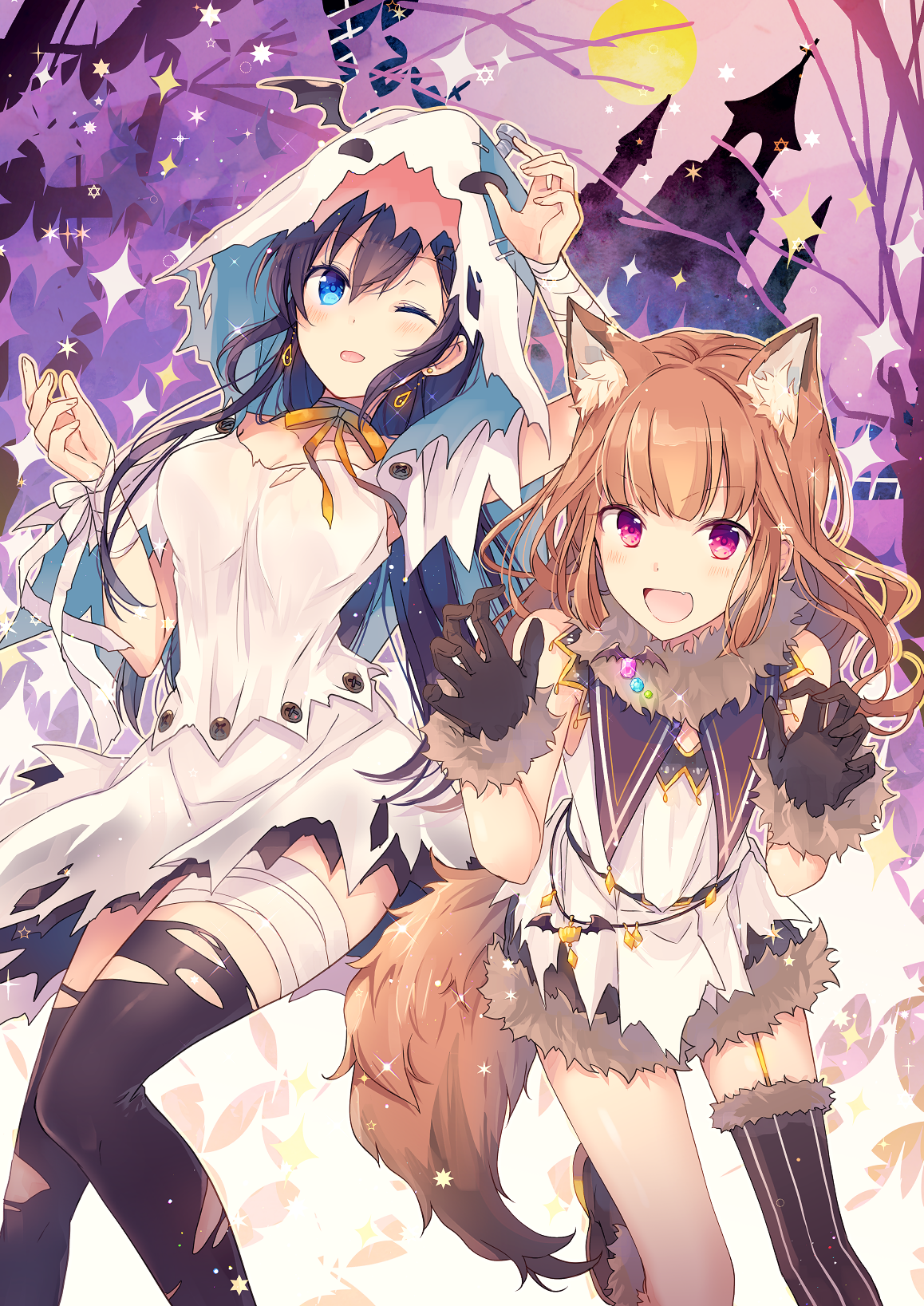 Two anime girls in Halloween costumes HD Phone Wallpaper