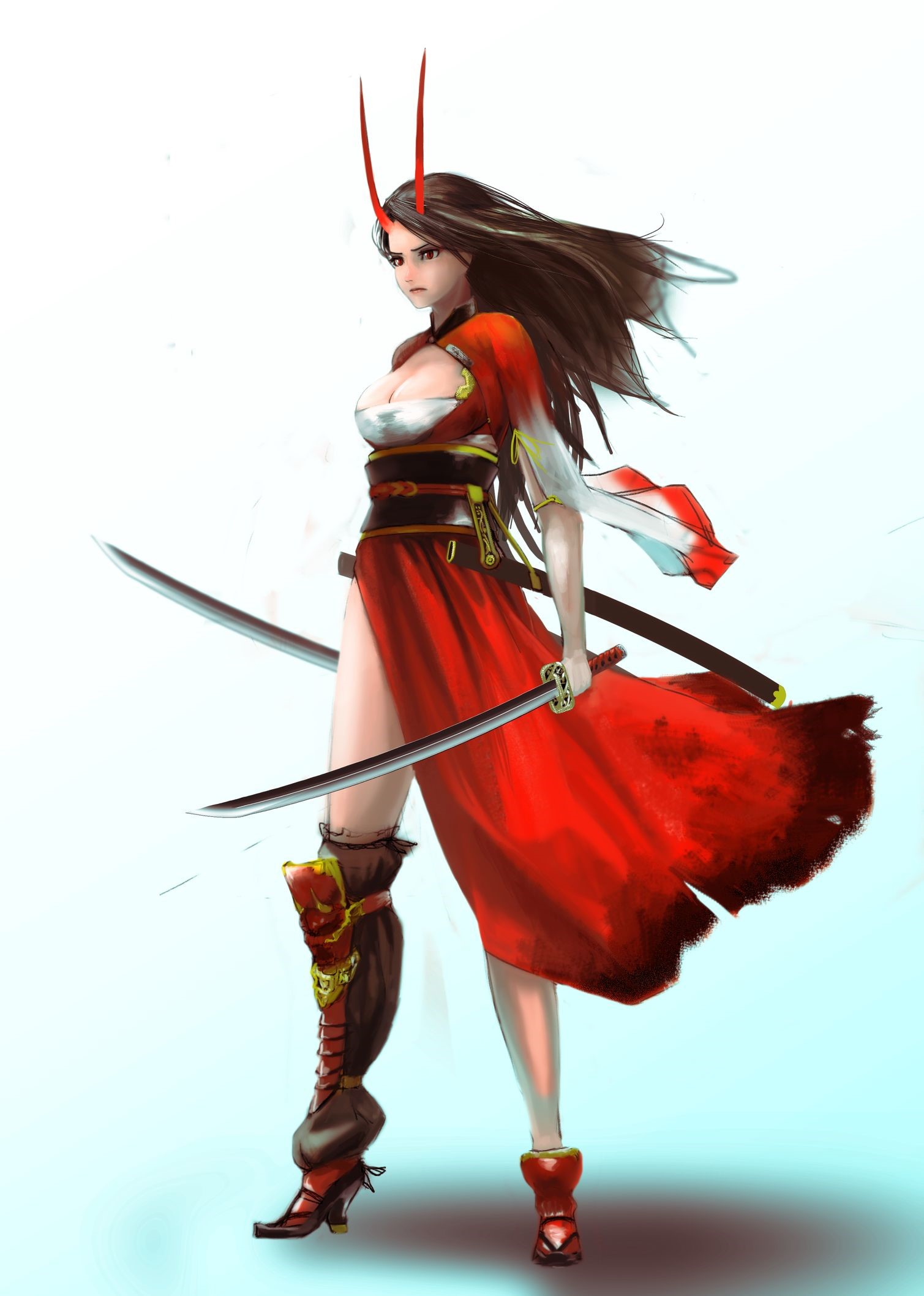 Anime girl with horns and swords HD Phone Wallpaper