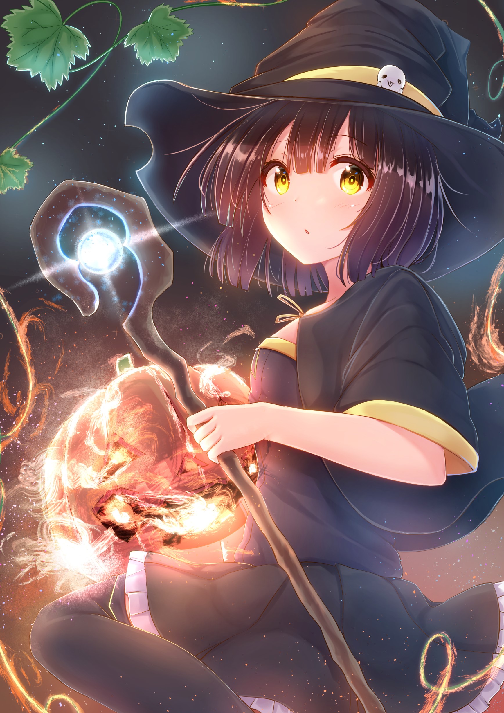 Anime witch with pumpkin and staff HD Phone Wallpaper