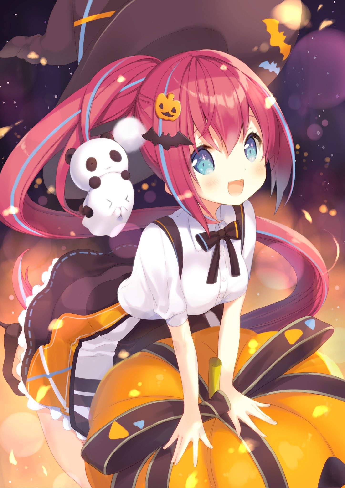 Anime girl in witch costume with pumpkin HD Phone Wallpaper