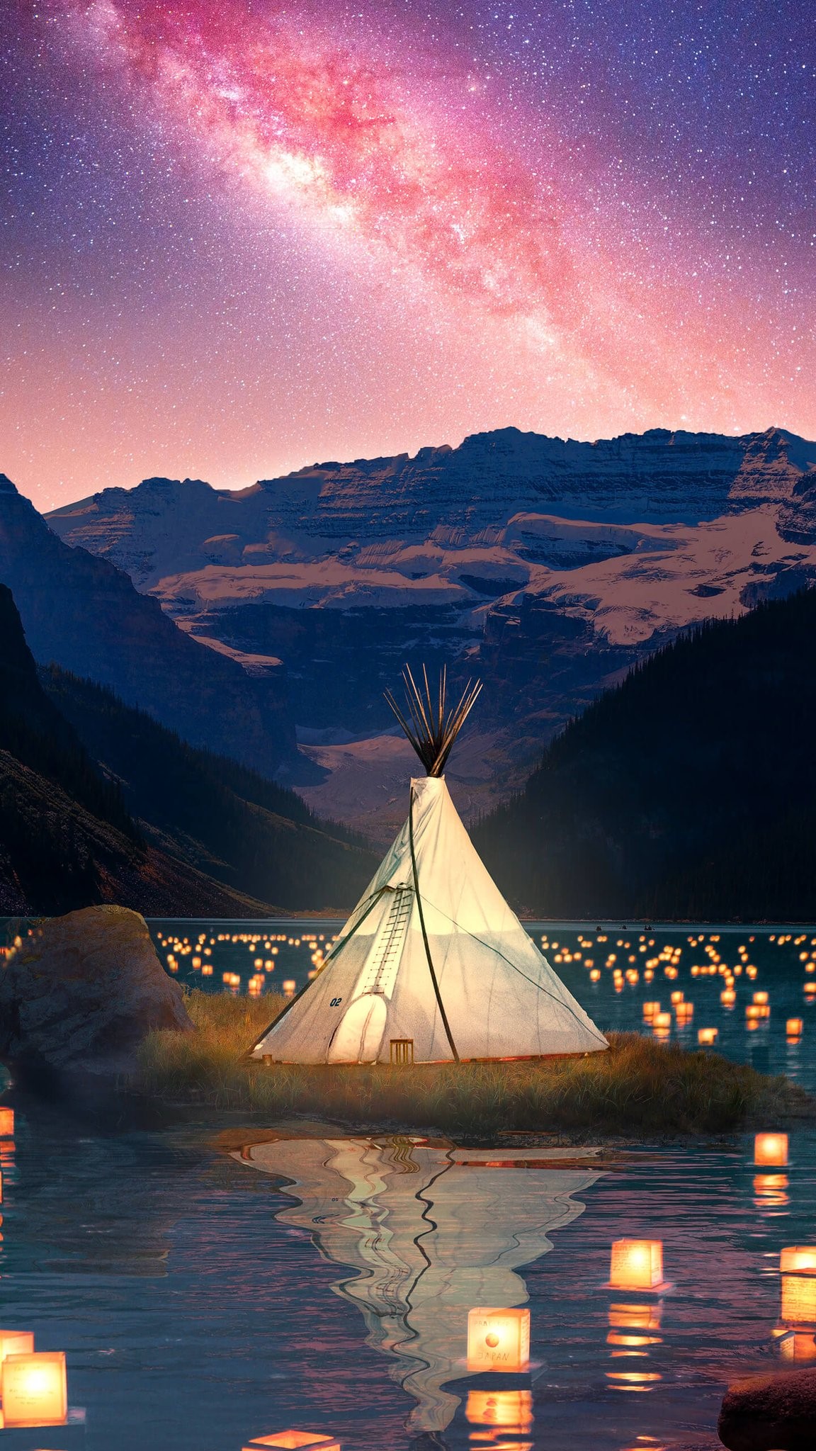 Tipi on island with lanterns and starry sky HD Phone Wallpaper
