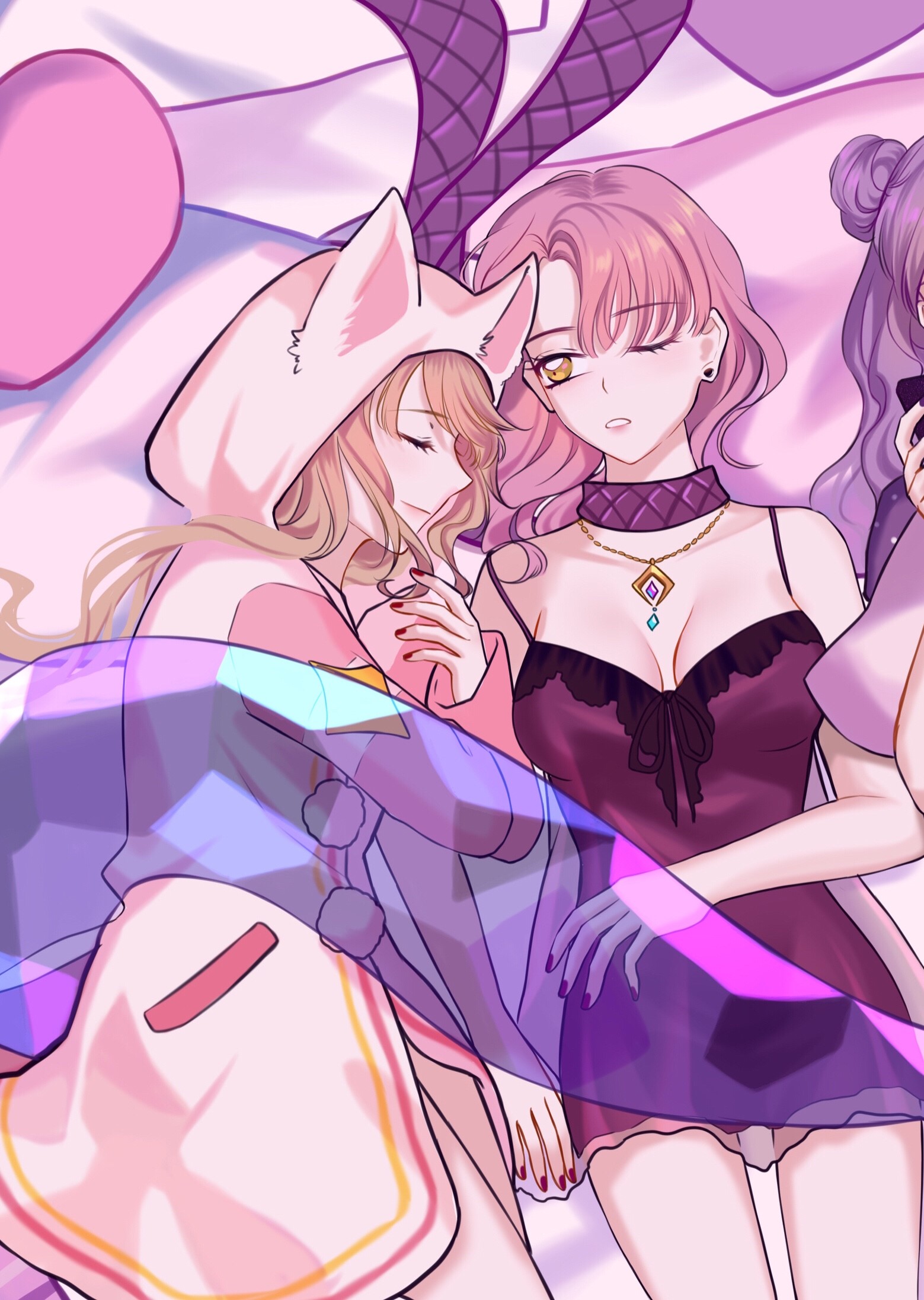 Anime girls in bed HD Phone Wallpaper