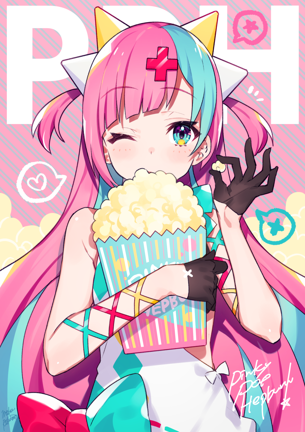 Anime girl with pink and teal hair eating popcorn HD Phone Wallpaper