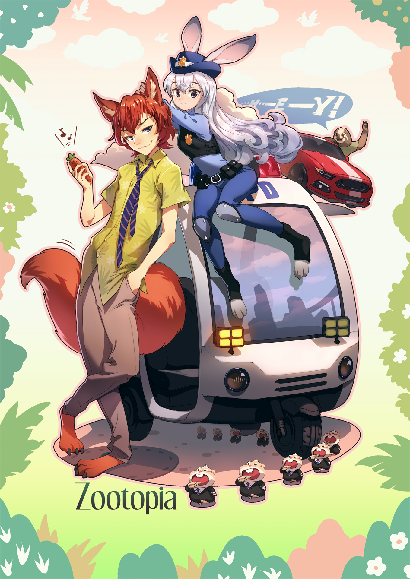 Nick Wilde and Judy Hopps from Zootopia on a police vehicle HD Phone Wallpaper